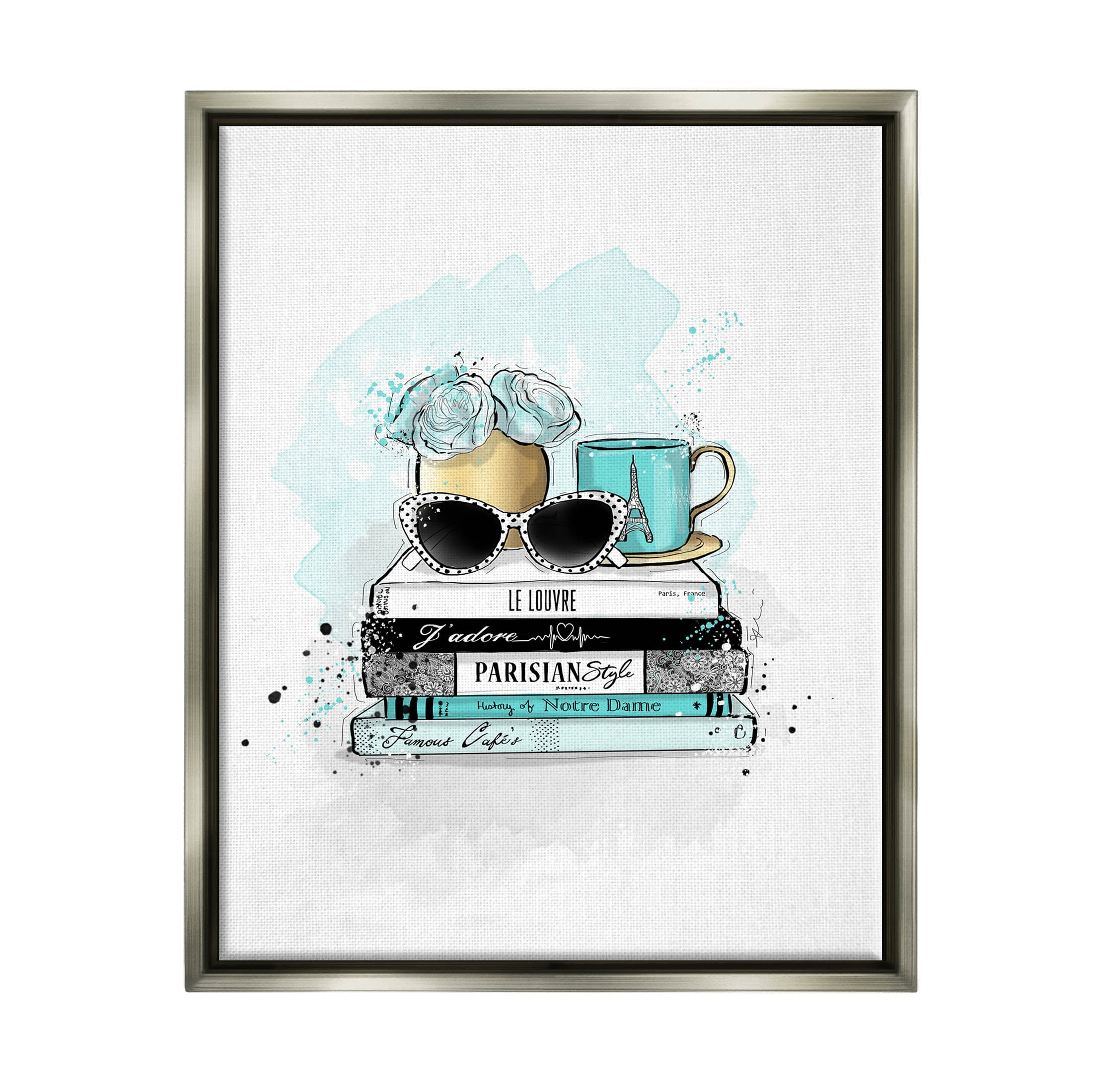 Stupell Industries Turquoise Fashion Book Stack Graphic Art Luster Gray Floating Framed Canvas Print Wall Art, Design by Alison Petrie