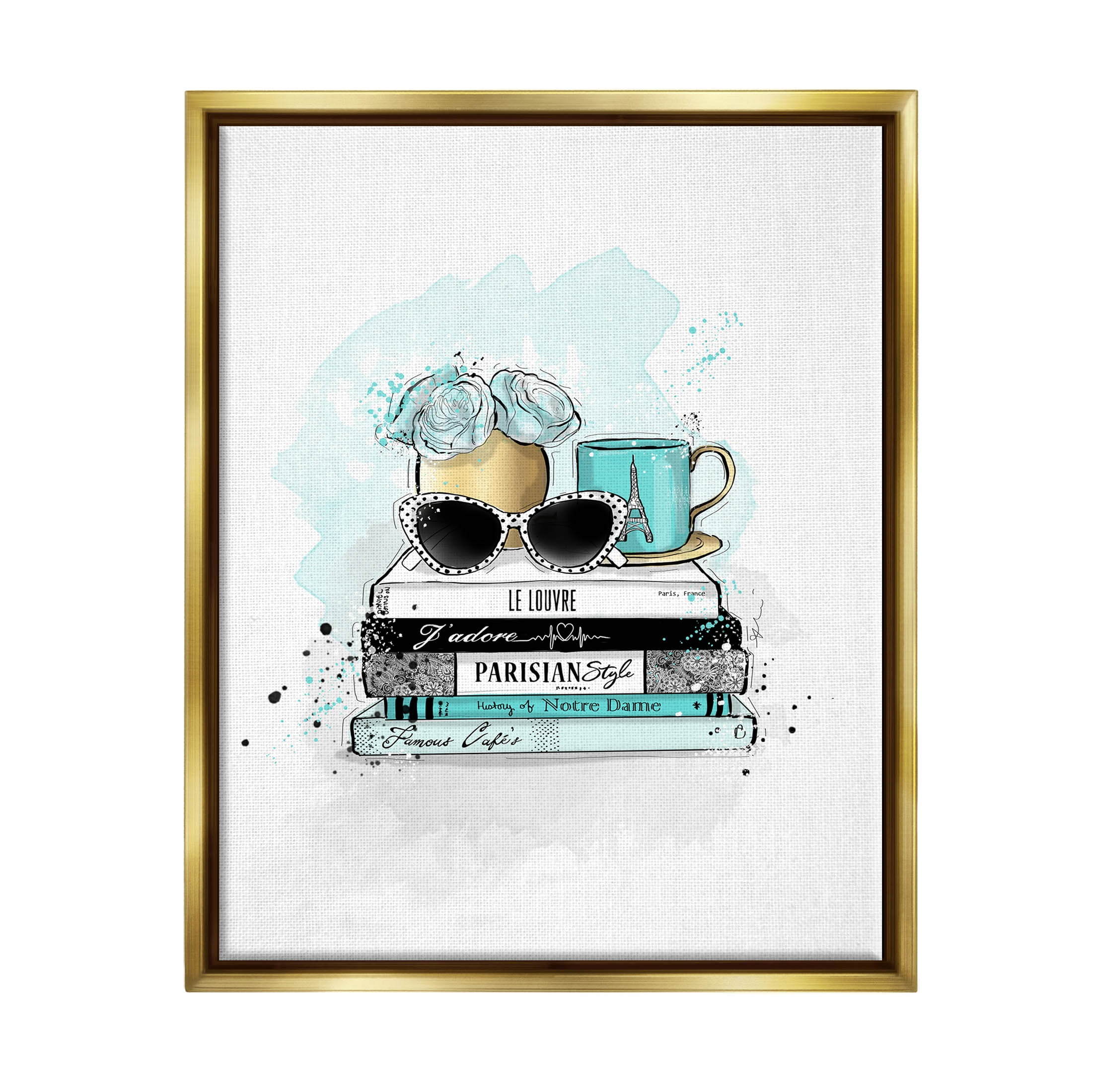 Stupell Industries Turquoise Fashion Book Stack Graphic Art Metallic Gold Floating Framed Canvas Print Wall Art, Design by Alison Petrie