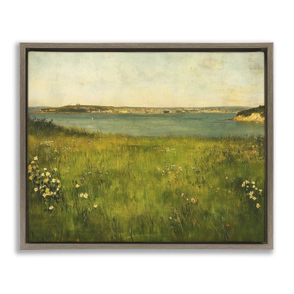 Stupell Industries Turquoise Lake Landscape Brown Framed Floater Canvas Wall Art design by Petal Prints Design, 25 x 31