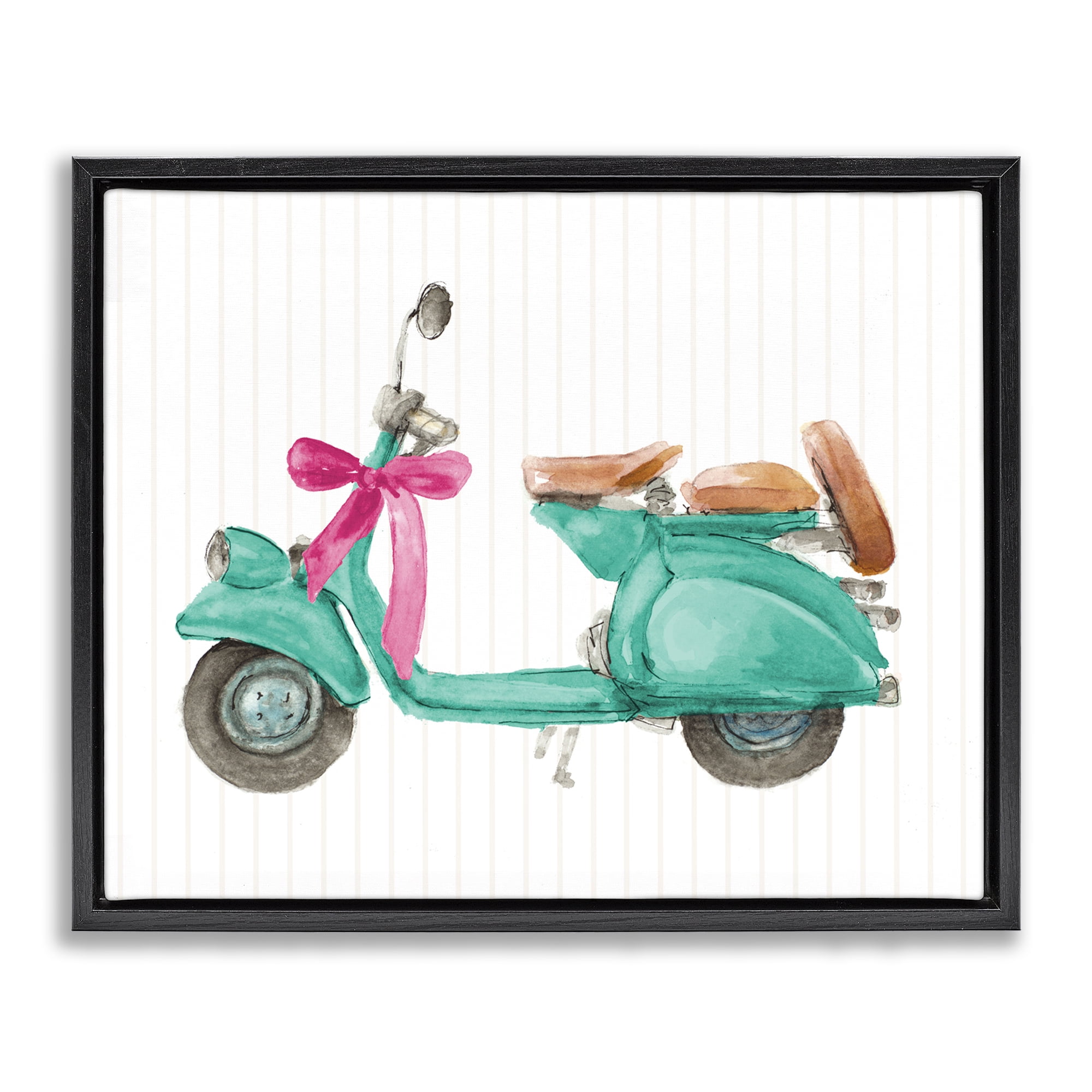 Stupell Industries Turquoise Scooter & Bow Transportation Painting Black Floater Framed Canvas Art Print Wall Art, 31 x 25