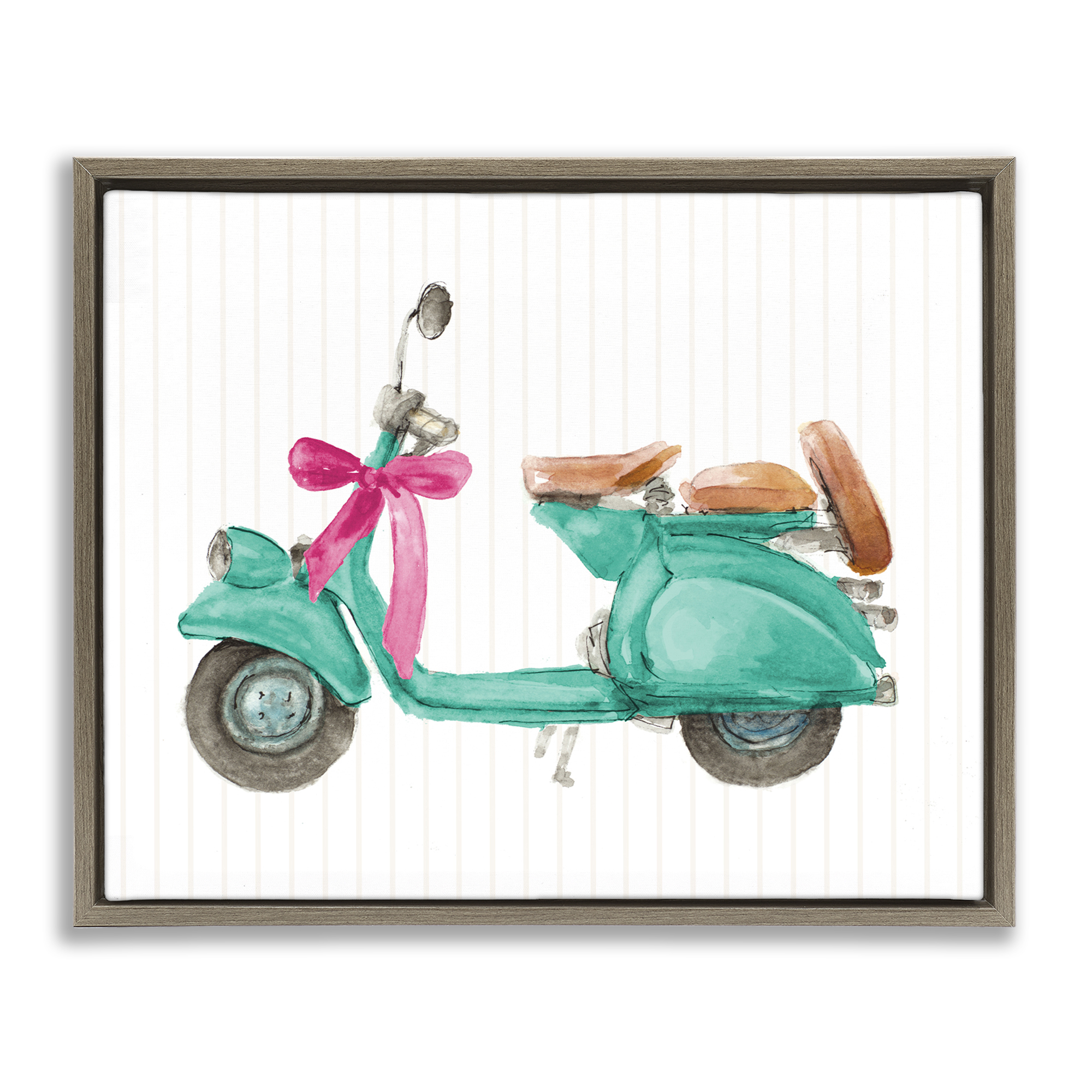 Stupell Industries Turquoise Scooter & Bow Transportation Painting Brown Floater Framed Canvas Art Print Wall Art, 21 x 17