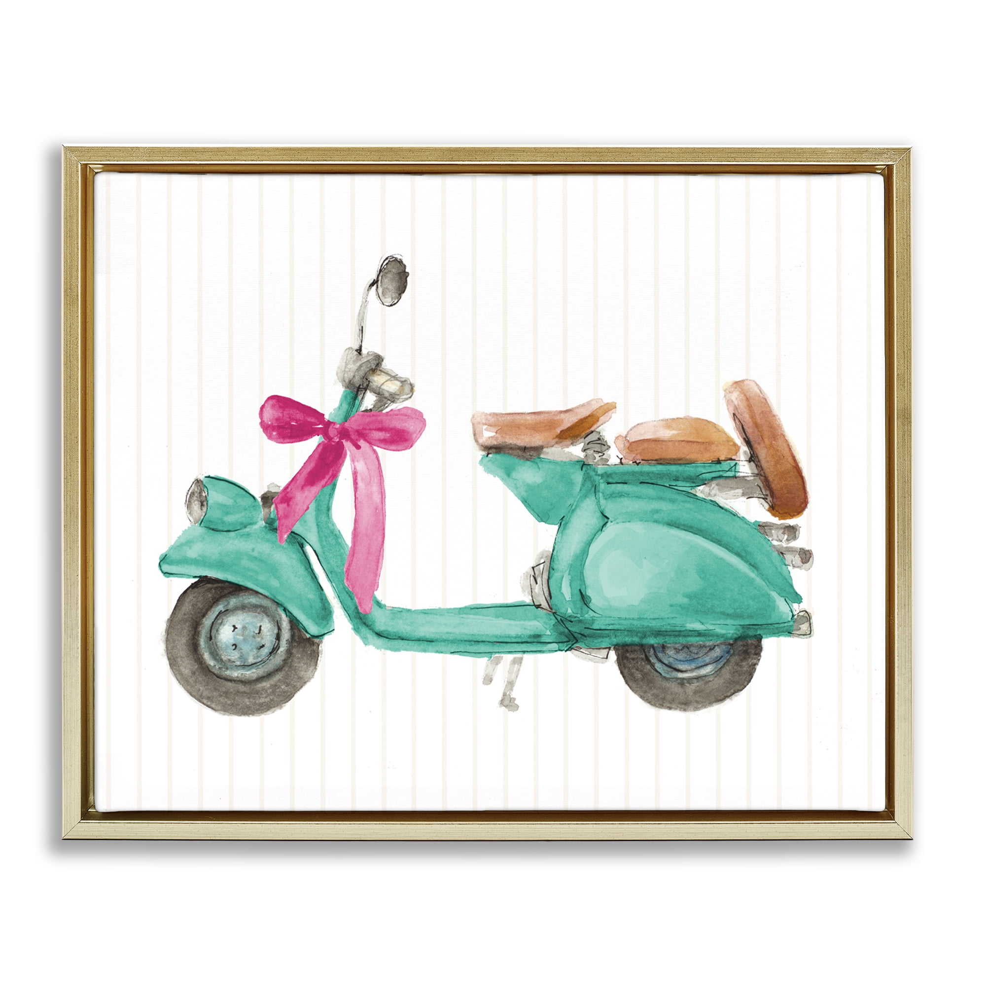 Stupell Industries Turquoise Scooter & Bow Transportation Painting Gold Floater Framed Canvas Art Print Wall Art, 21 x 17