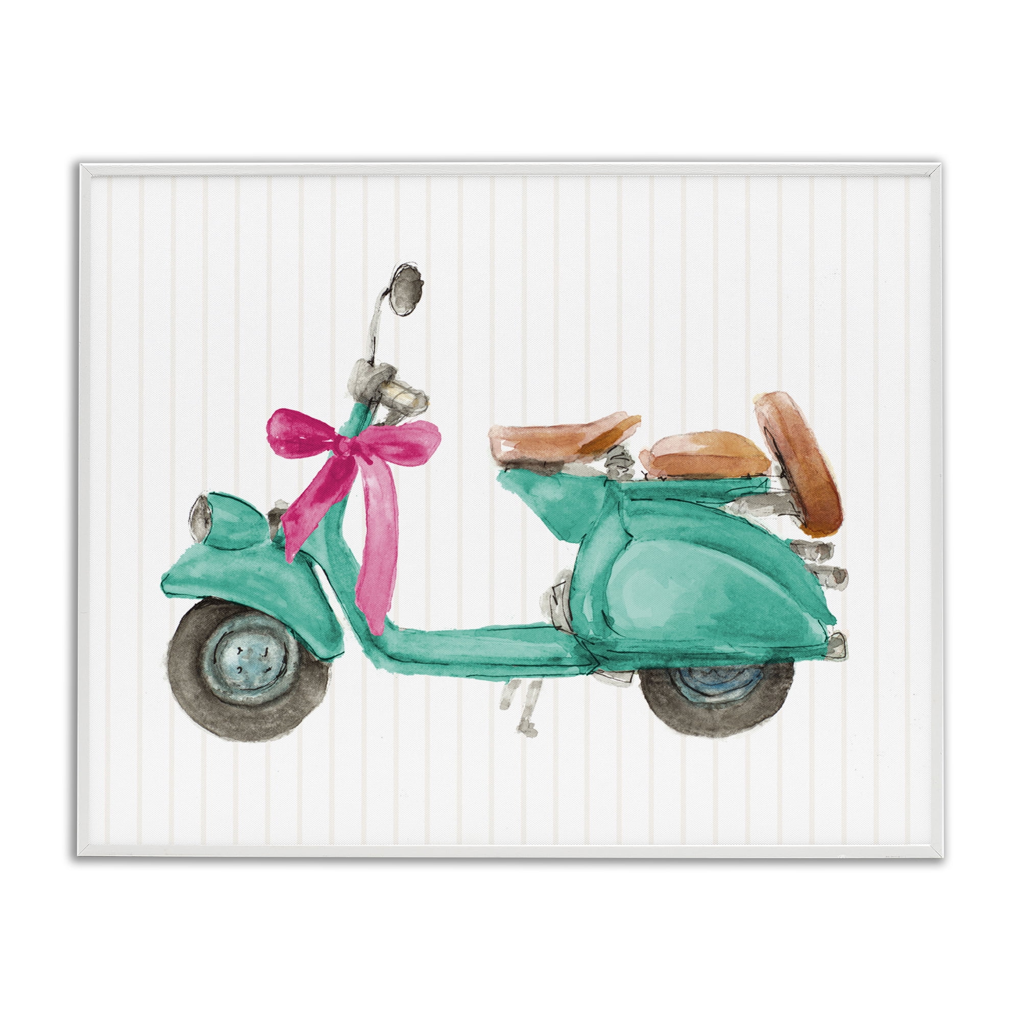 Stupell Industries Turquoise Scooter & Bow Transportation Painting White Framed Art Print Wall Art, 30 x 24