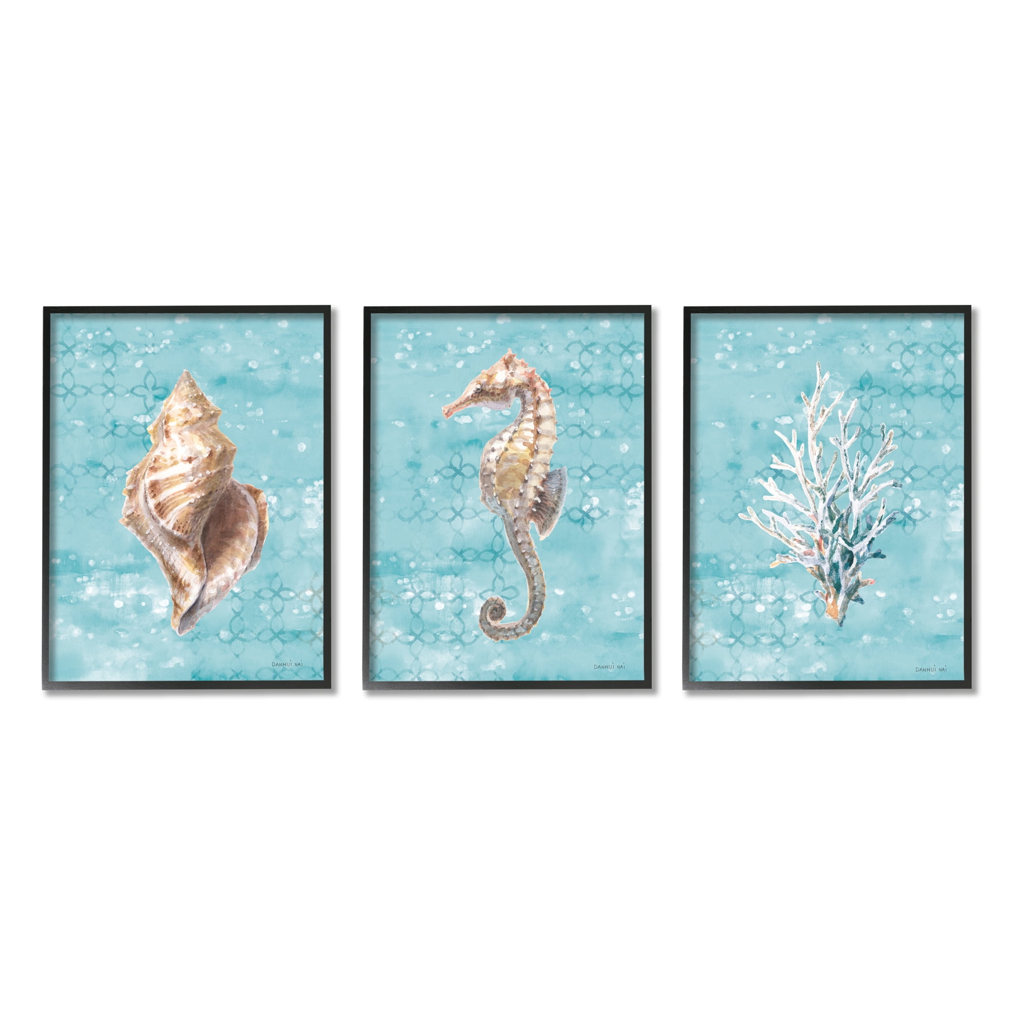 Stupell Industries Turquoise Sea Life Animals & Insects Painting Black Framed Art Print Wall Art, 24 x 30, Set of 3