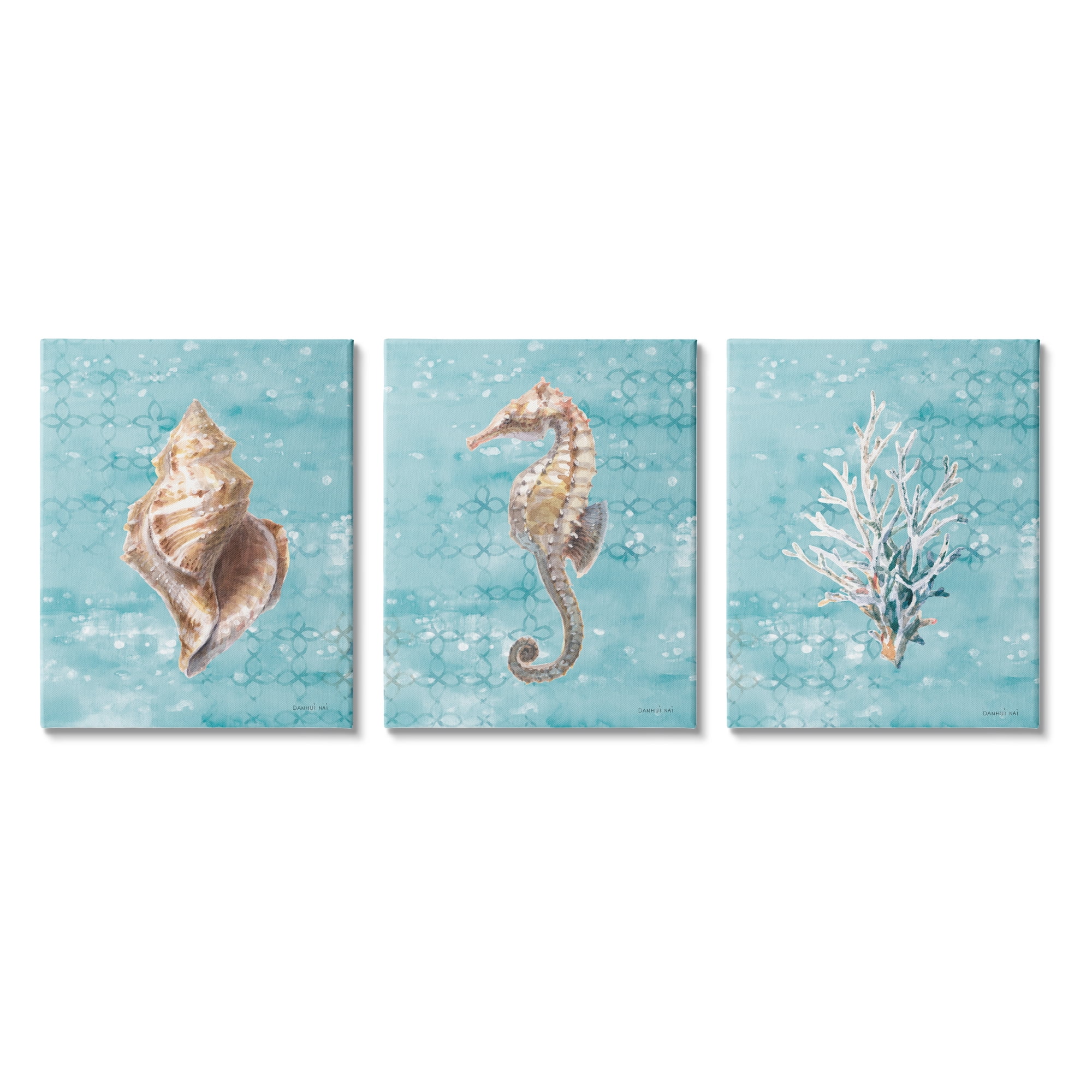 Stupell Industries Turquoise Sea Life Animals & Insects Painting Gallery Wrapped Canvas Print Wall Art, 11 x 14, Set of 3