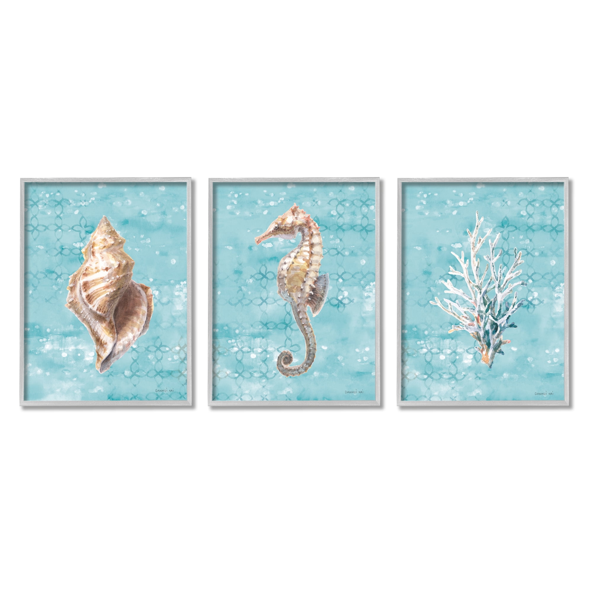 Stupell Industries Turquoise Sea Life Animals & Insects Painting Gray Framed Art Print Wall Art, 24 x 30, Set of 3