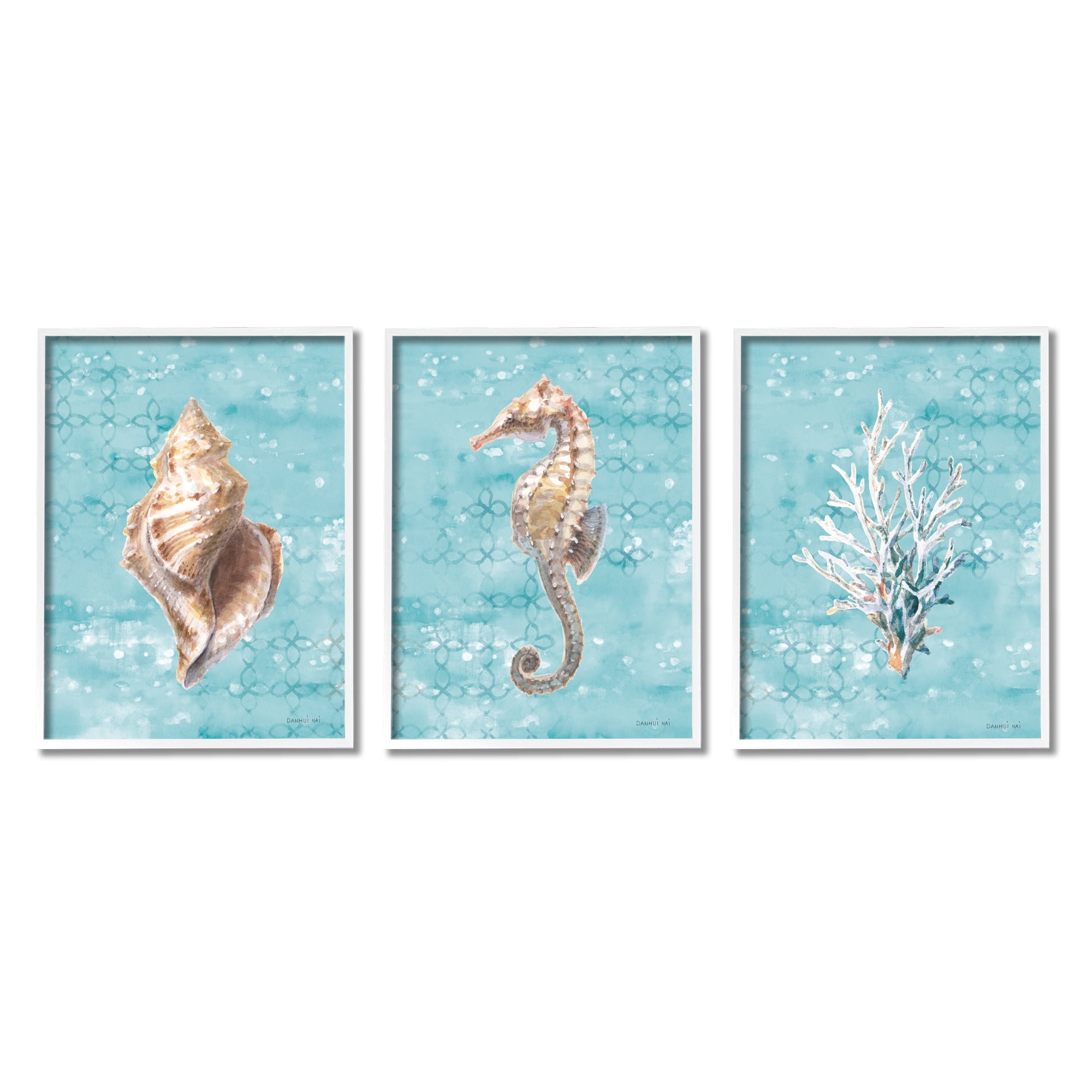 Stupell Industries Turquoise Sea Life Animals & Insects Painting White Framed Art Print Wall Art, 24 x 30, Set of 3