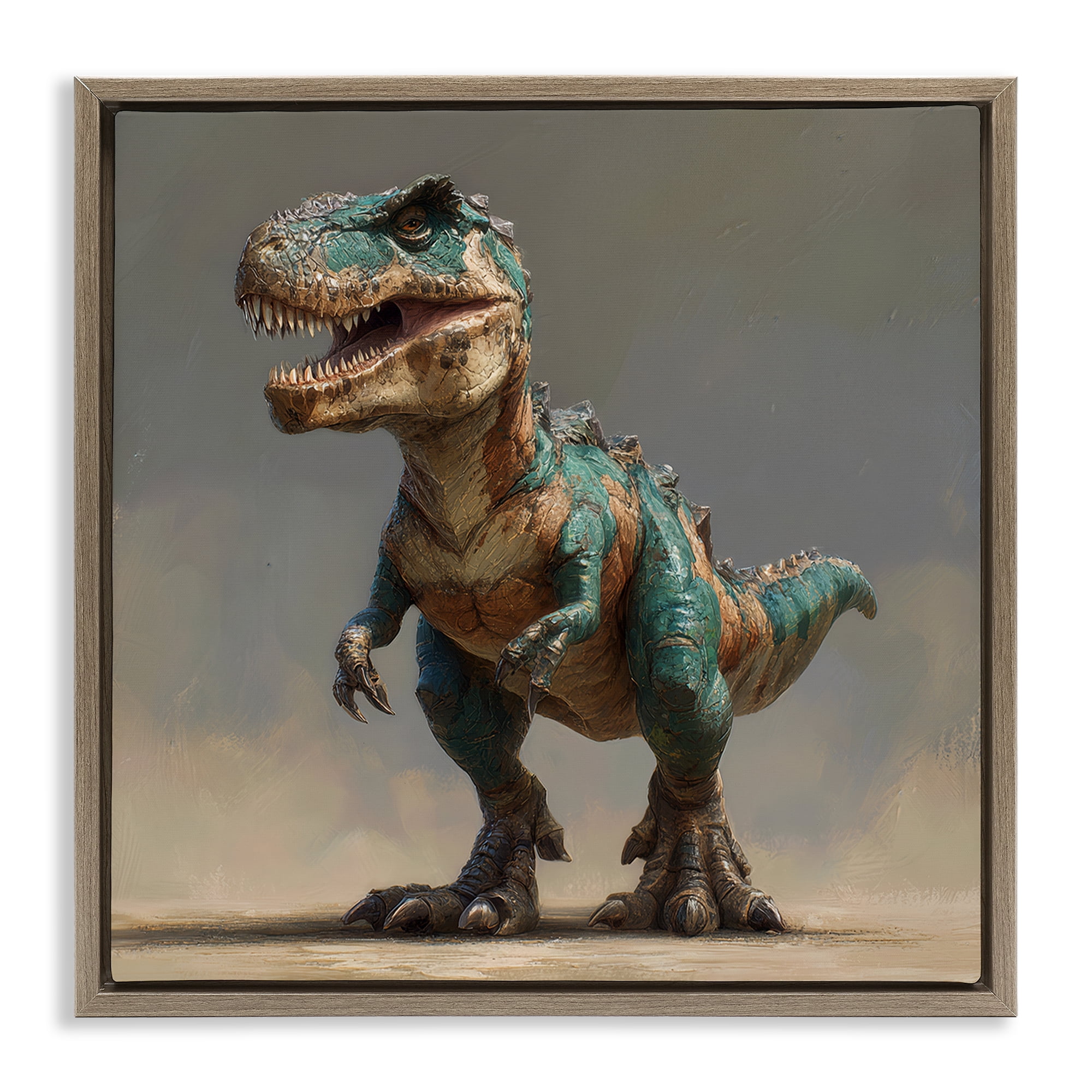 Stupell Industries Turquoise T-Rex Study Brown Framed Floater Canvas Wall Art, design by Wumples