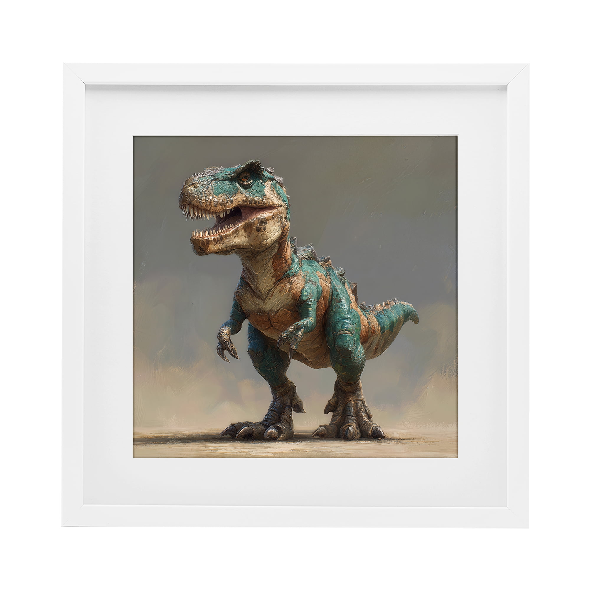 Stupell Industries Turquoise T-Rex Study White Framed Print Under Glass, design by Wumples