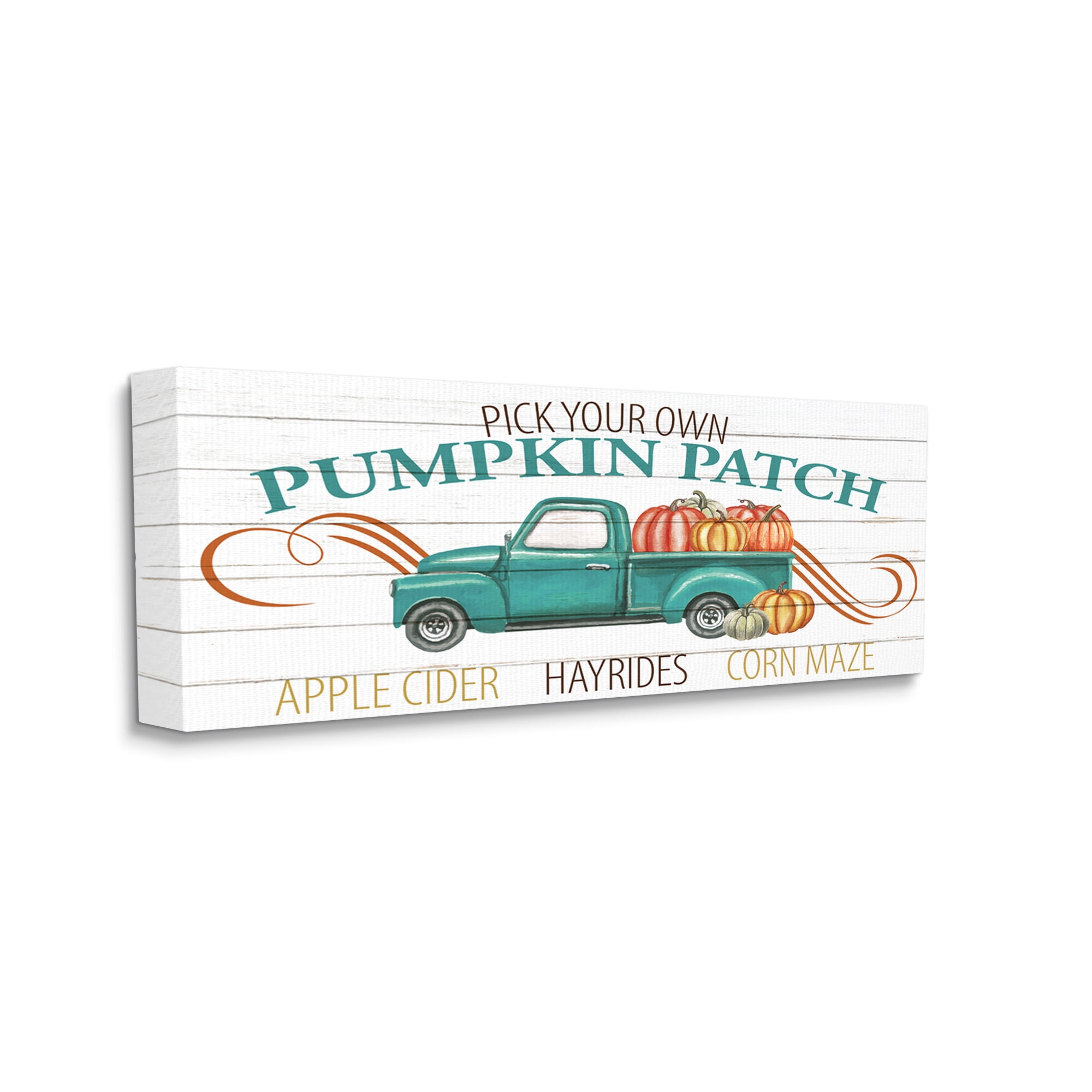 Stupell Industries Turquoise Truck Autumn Harvest Pumpkin Patch Sign Inspirational Painting Gallery Wrapped Canvas Art Print Wall Art, 13 x 30