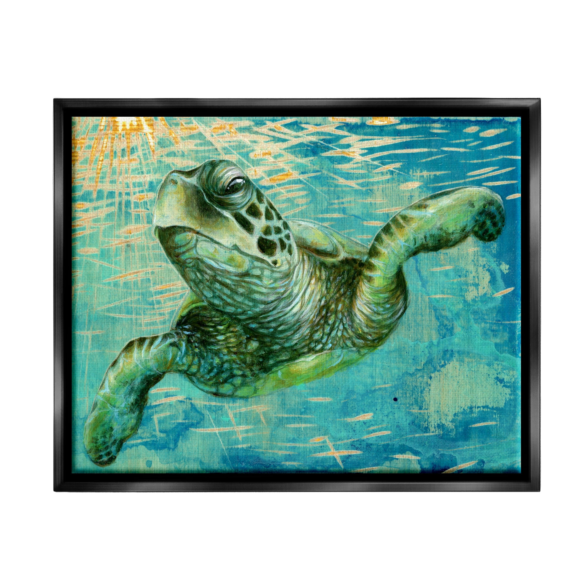 Stupell Industries Turtle & Abstract Rays Animals & Insects Painting Black Floater Framed Canvas Art Print Wall Art, 21 x 17