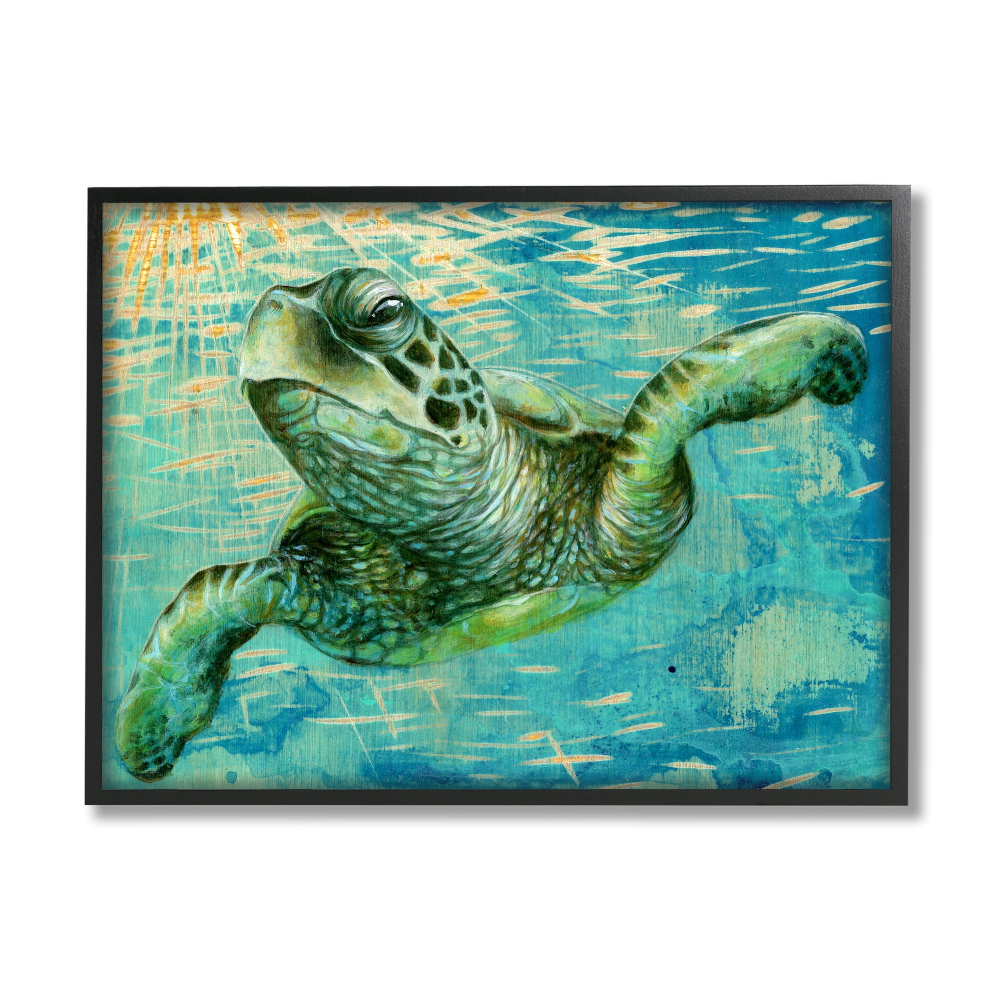 Stupell Industries Turtle & Abstract Rays Animals & Insects Painting Black Framed Art Print Wall Art, 30 x 24