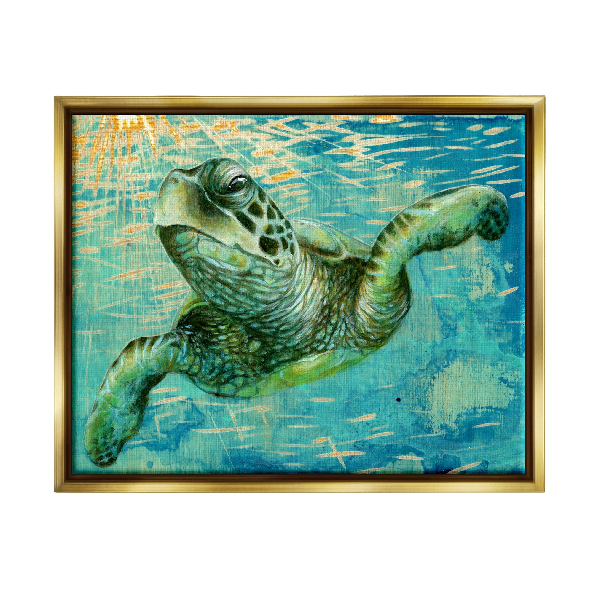 Stupell Industries Turtle & Abstract Rays Animals & Insects Painting Gold Floater Framed Canvas Art Print Wall Art, 31 x 25