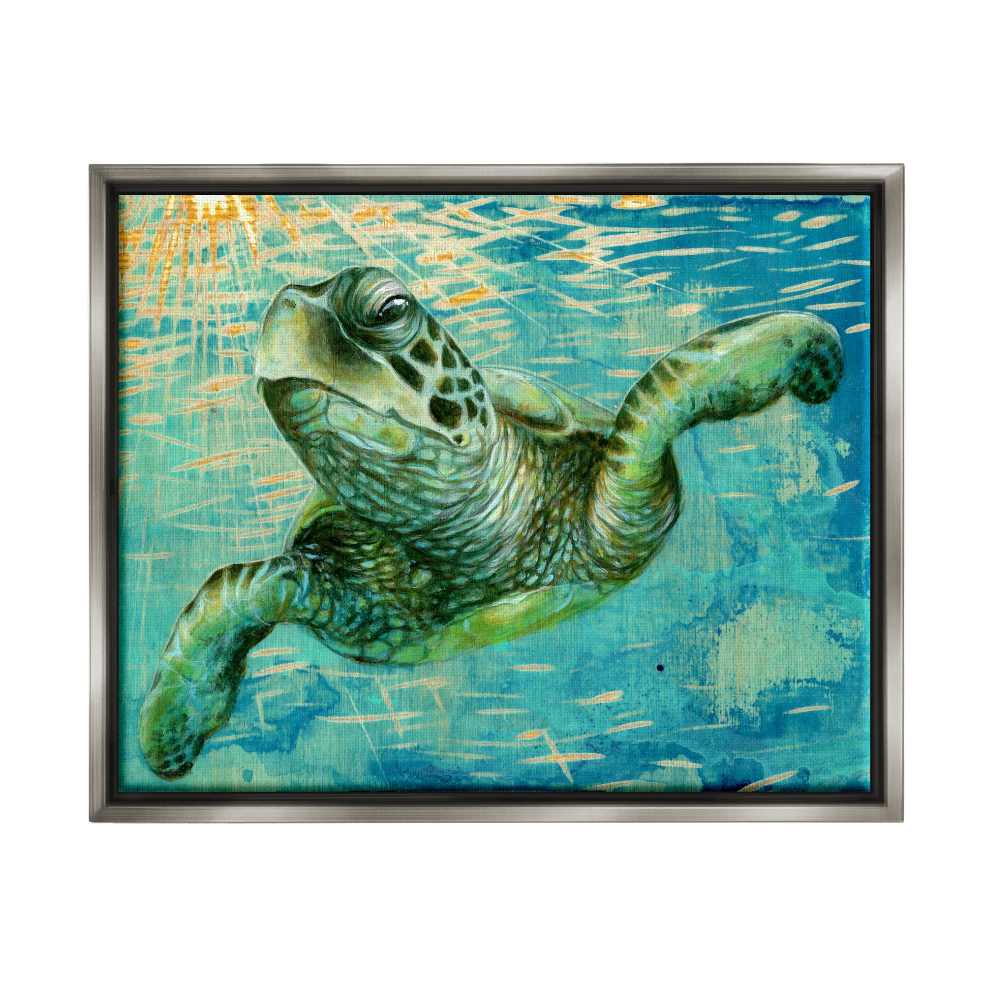 Stupell Industries Turtle & Abstract Rays Animals & Insects Painting Gray Floater Framed Canvas Art Print Wall Art, 31 x 25