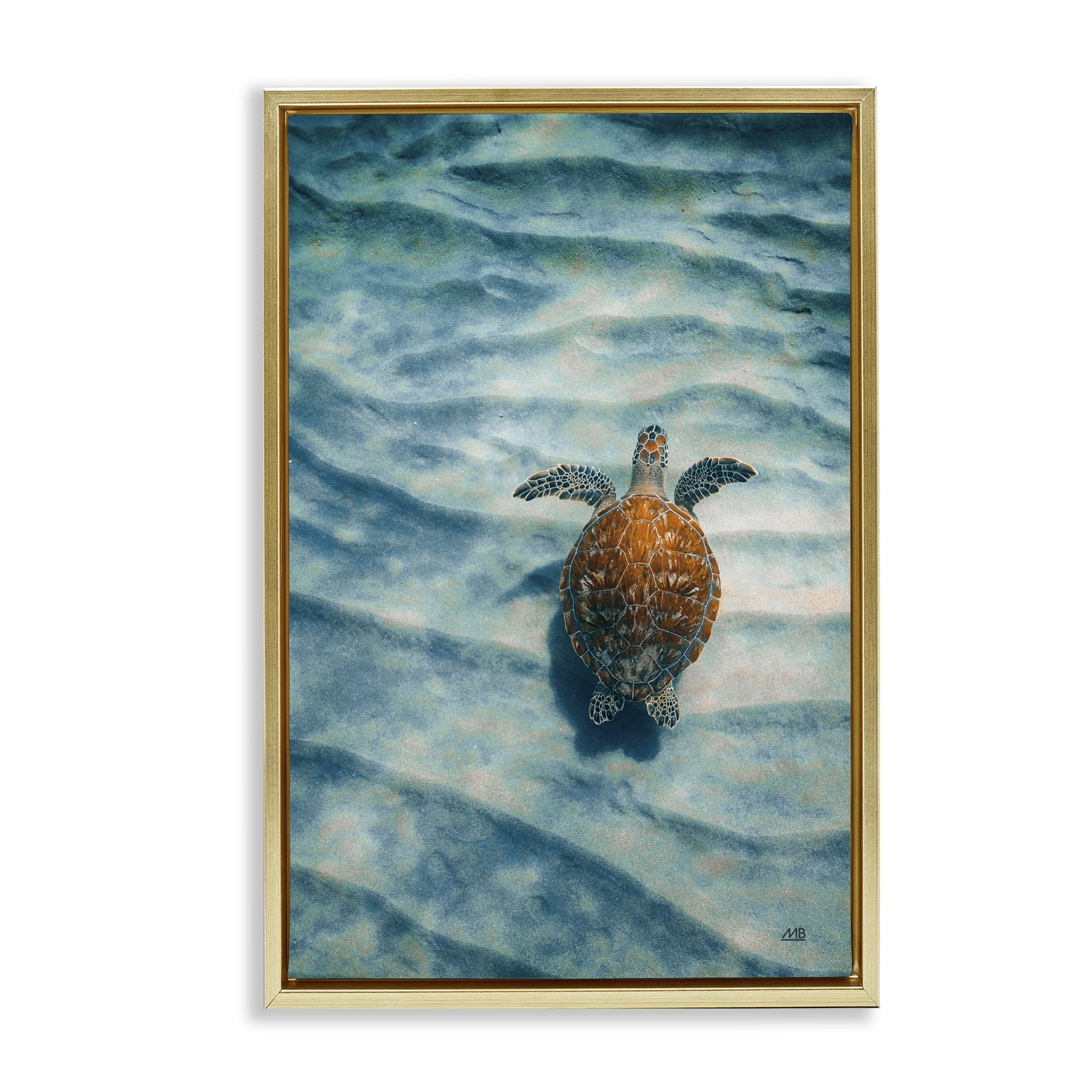 Stupell Industries Turtle Along Rippling Sand Animals Photography Gold Floater Framed Canvas Art Print Wall Art, 21 x 31