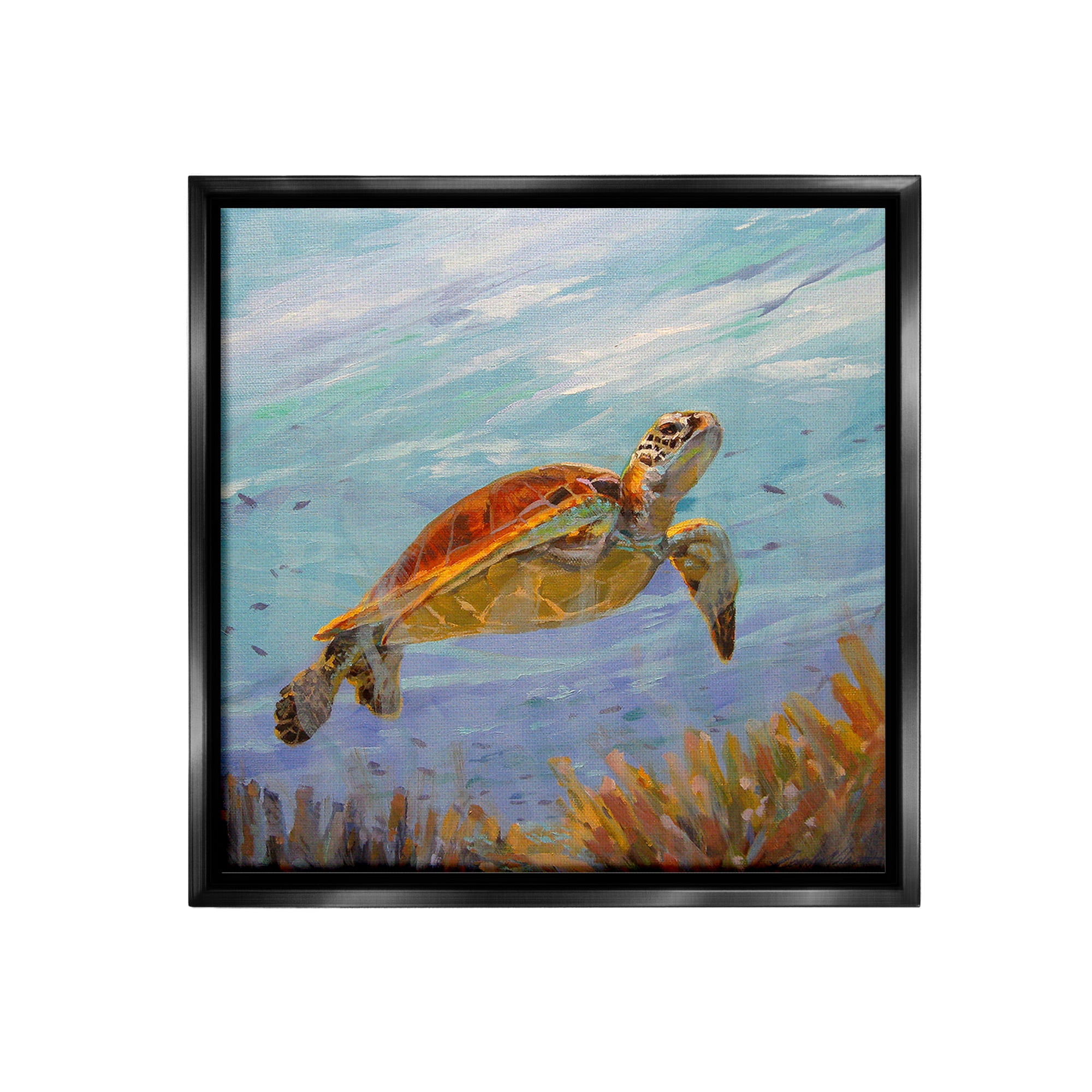 Stupell Industries Turtle Among Coral Reef Animals & Insects Painting Black Floater Framed Canvas Art Print Wall Art, 18 x 18