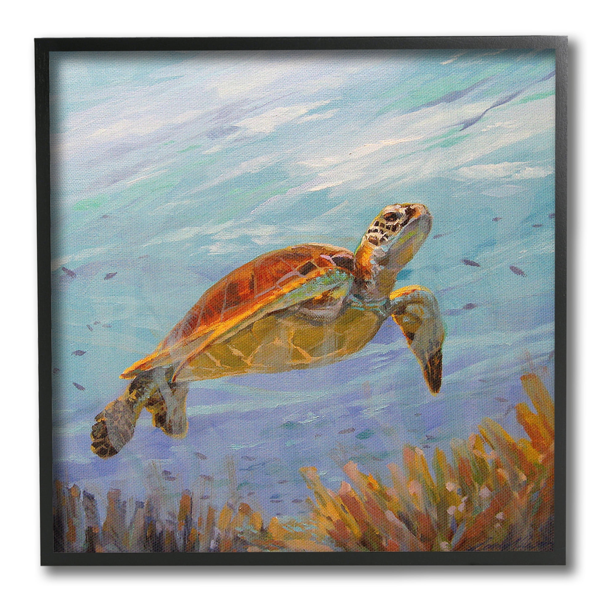 Stupell Industries Turtle Among Coral Reef Animals & Insects Painting Black Framed Art Print Wall Art, 24 x 24