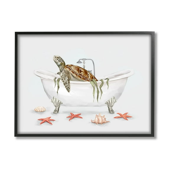 Stupell Industries Turtle Bathtub Sea Life Seaweed Animals & Insects Painting Black Framed Art Print Wall Art