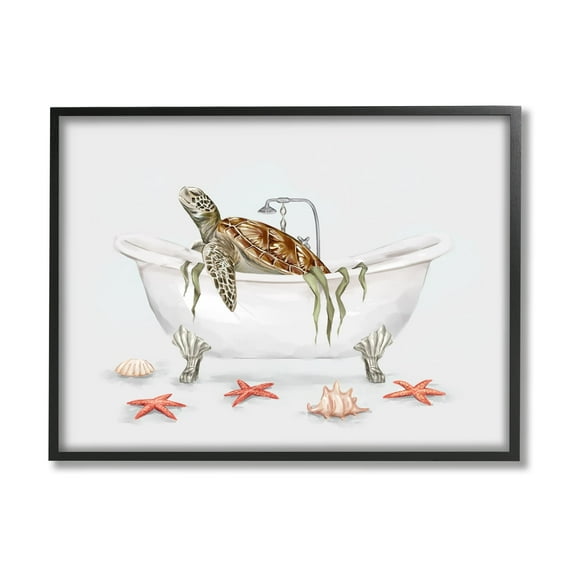 Stupell Industries Turtle Bathtub Sea Life Seaweed Animals & Insects Painting Black Framed Art Print Wall Art