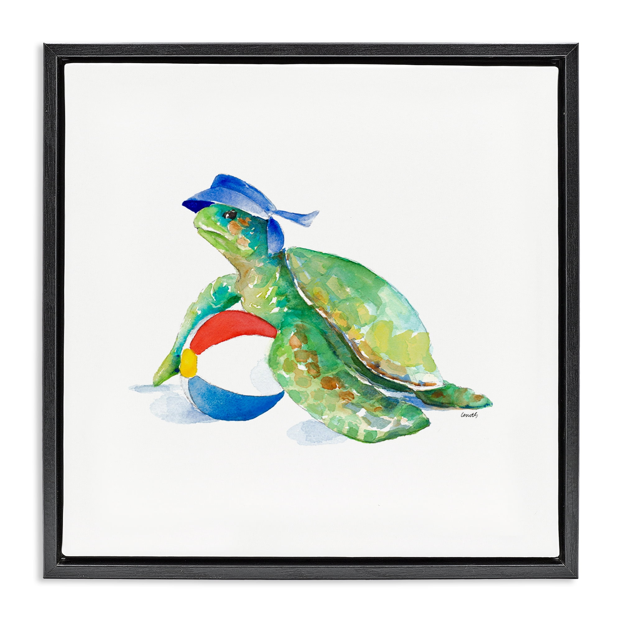 Stupell Industries Turtle & Beach Ball Novelty Painting Black Floater Framed Canvas Art Print Wall Art, 25 x 25