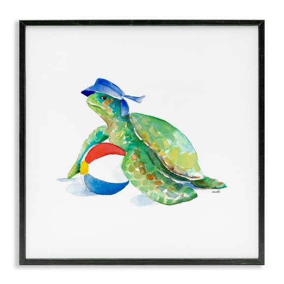 Stupell Industries Turtle & Beach Ball Novelty Painting Black Framed Art Print Wall Art, 12 x 12
