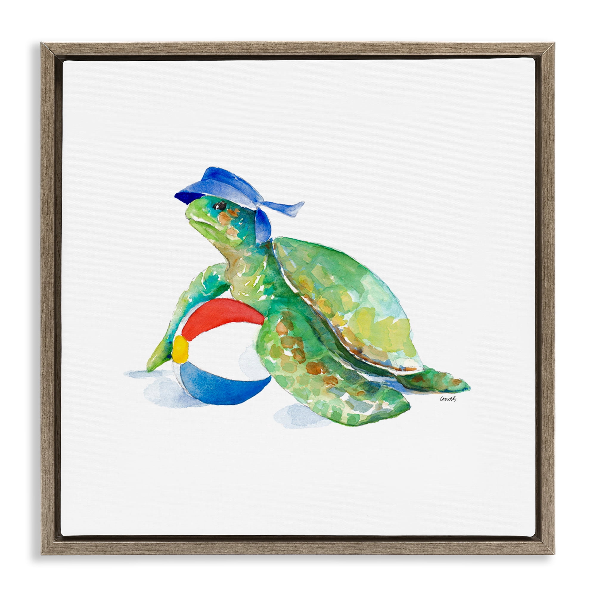 Stupell Industries Turtle & Beach Ball Novelty Painting Brown Floater Framed Canvas Art Print Wall Art, 25 x 25