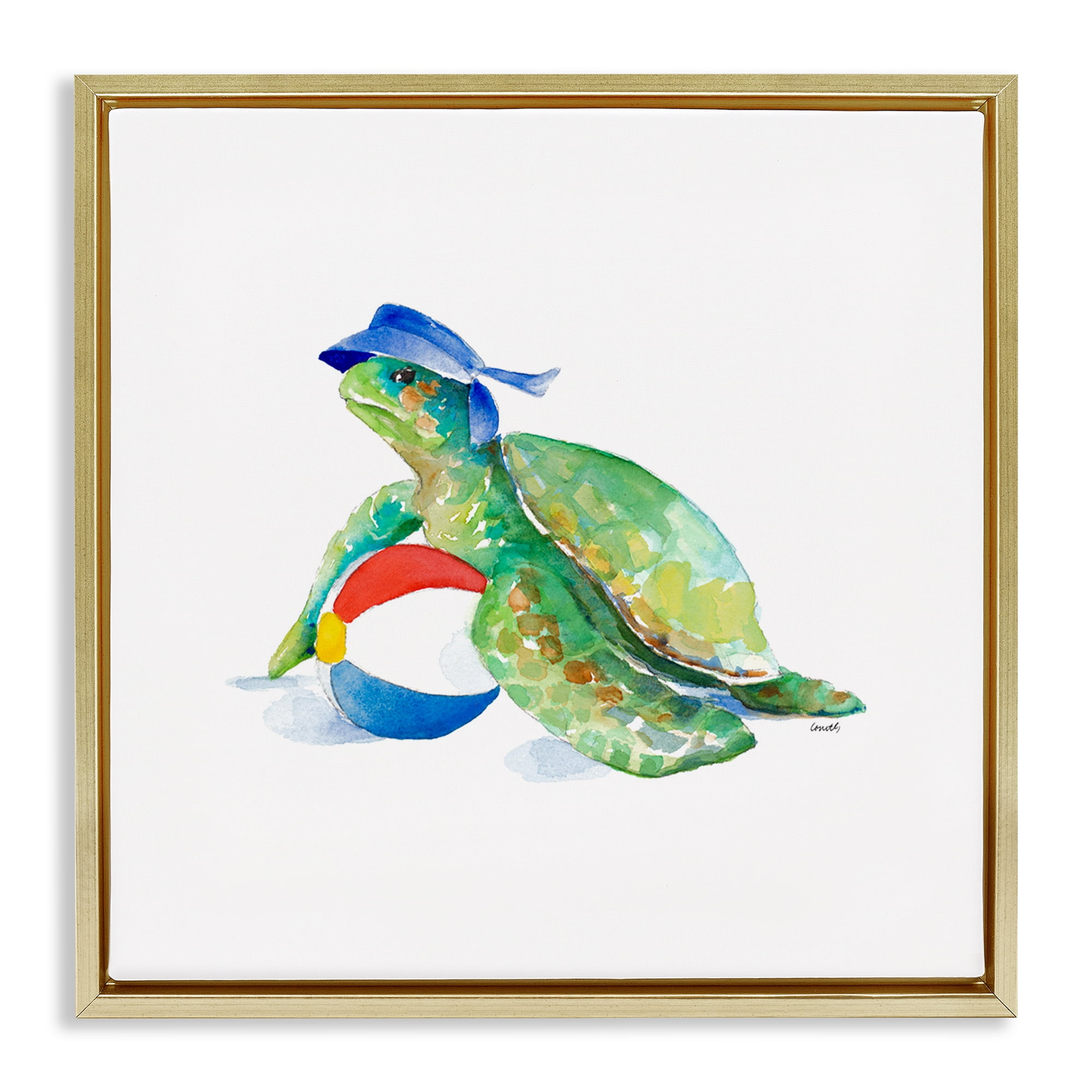 Stupell Industries Turtle & Beach Ball Novelty Painting Gold Floater Framed Canvas Art Print Wall Art, 25 x 25