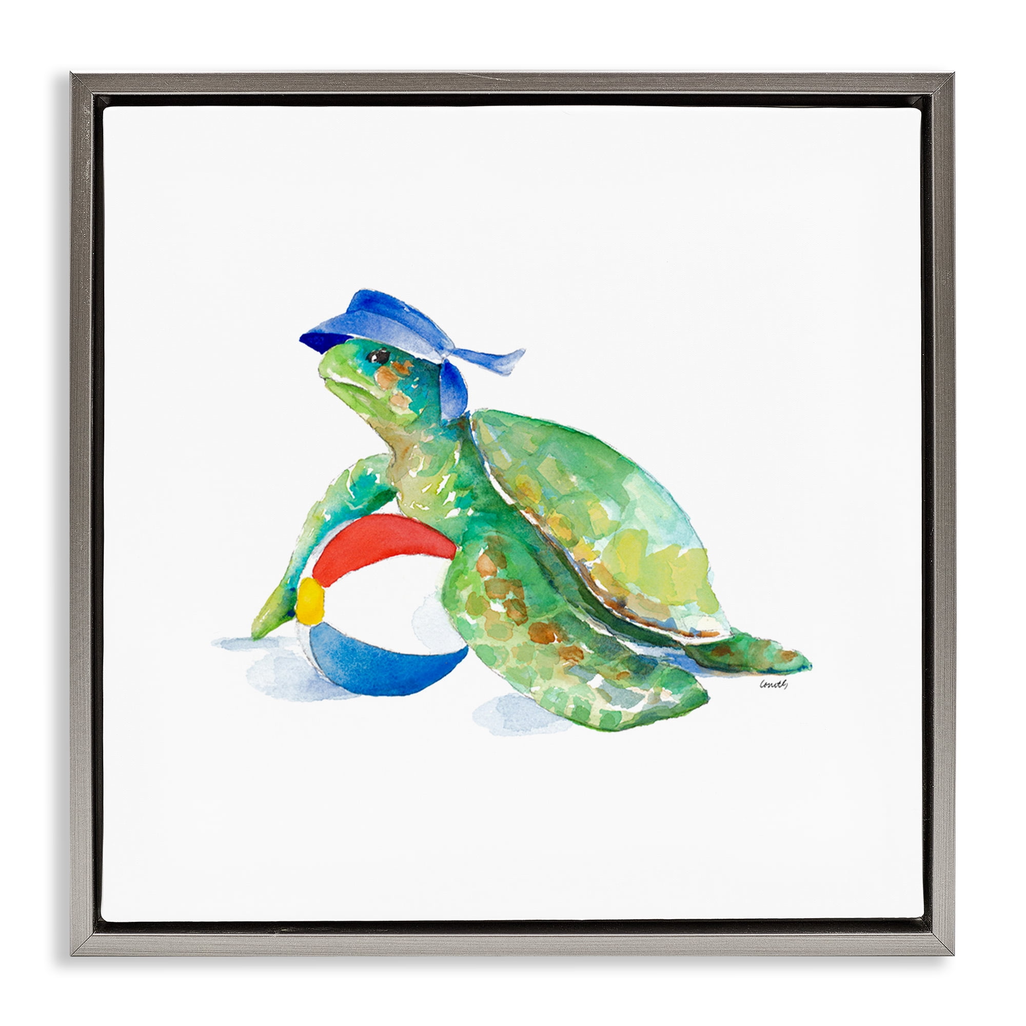 Stupell Industries Turtle & Beach Ball Novelty Painting Gray Floater Framed Canvas Art Print Wall Art, 25 x 25