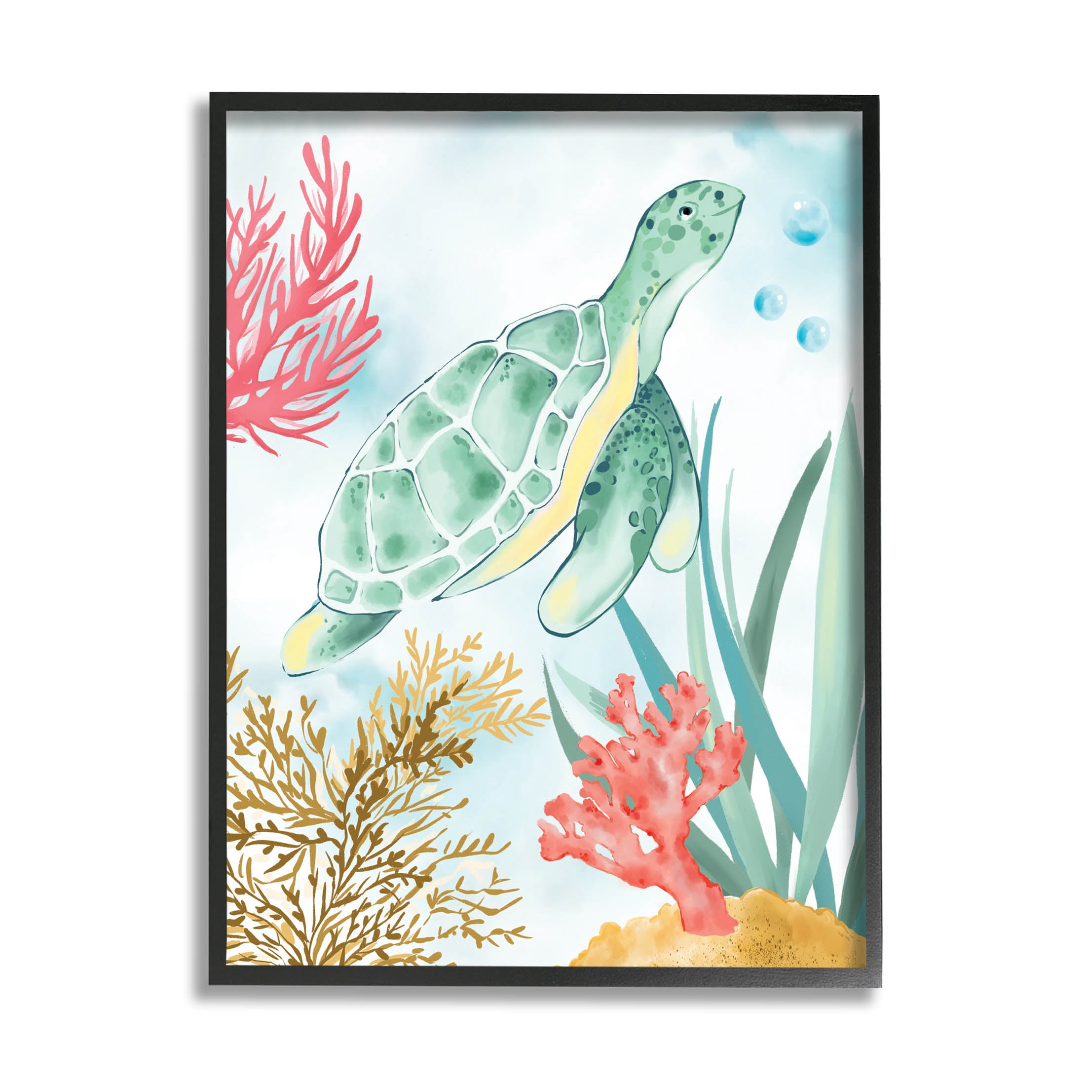 Stupell Industries Turtle Coral Reef Bubbles Graphic Art Black Framed Art Print Wall Art, Design by House of Rose