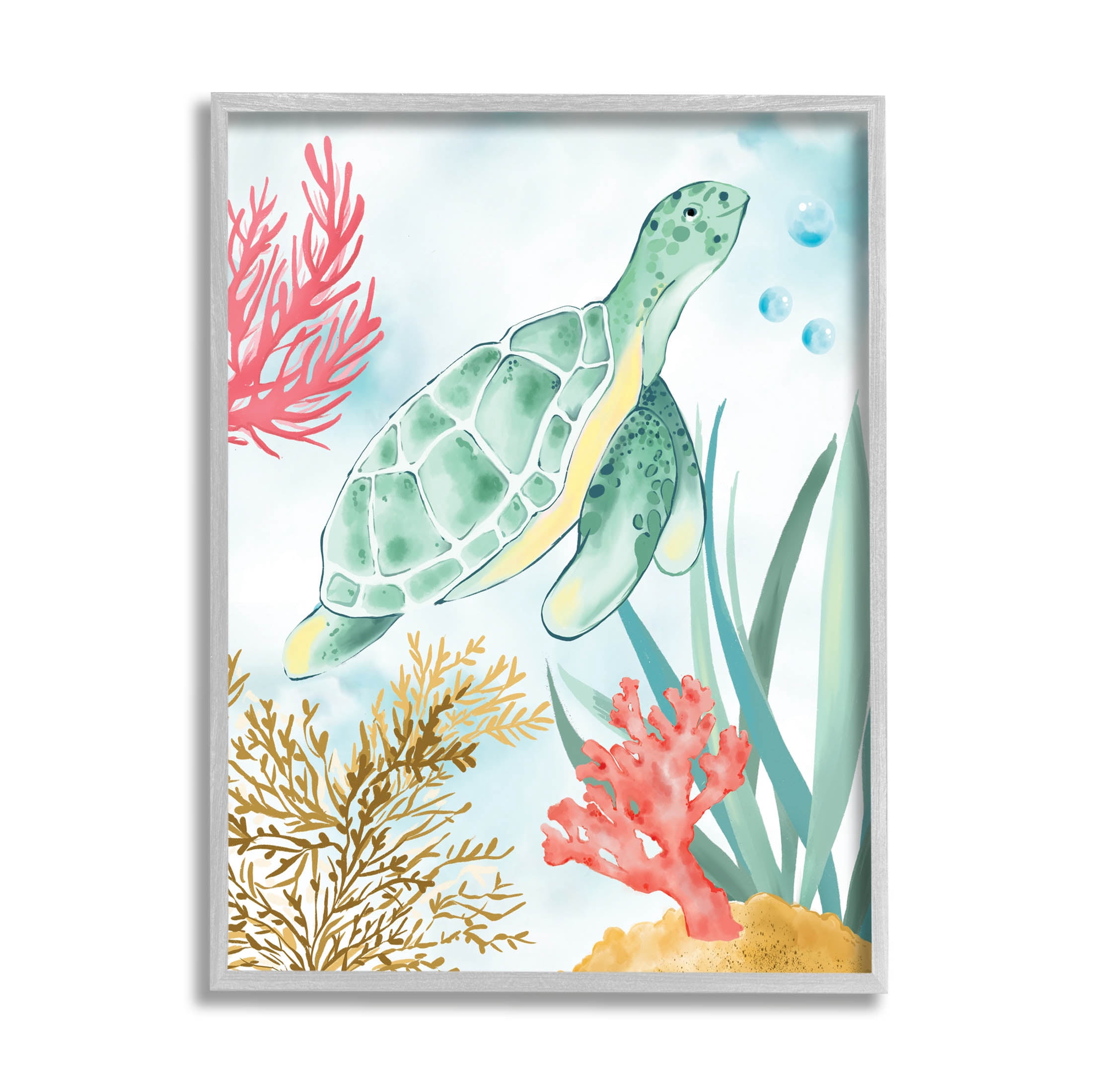Stupell Industries Turtle Coral Reef Bubbles Graphic Art Gray Framed Art Print Wall Art, Design by House of Rose