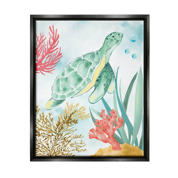 Stupell Industries Turtle Coral Reef Bubbles Graphic Art Jet Black Floating Framed Canvas Print Wall Art, Design by House of Rose