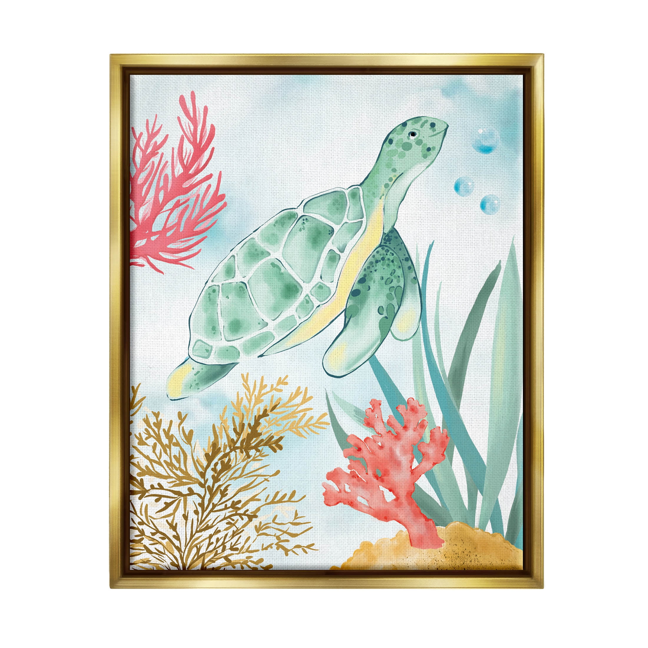 Stupell Industries Turtle Coral Reef Bubbles Graphic Art Metallic Gold Floating Framed Canvas Print Wall Art, Design by House of Rose
