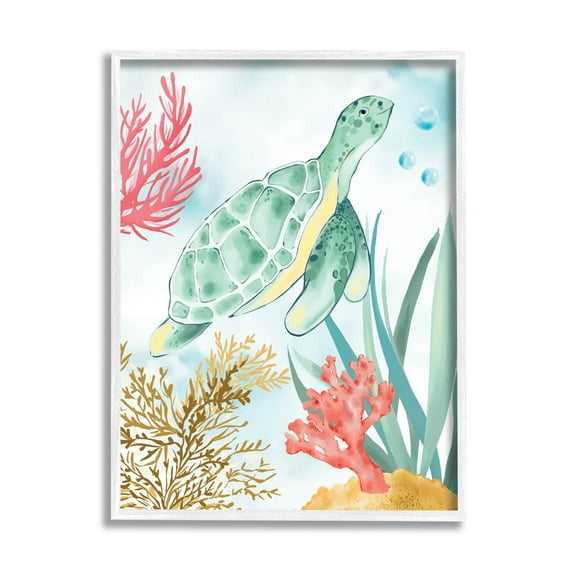 Stupell Industries Turtle Coral Reef Bubbles Graphic Art White Framed Art Print Wall Art, Design by House of Rose