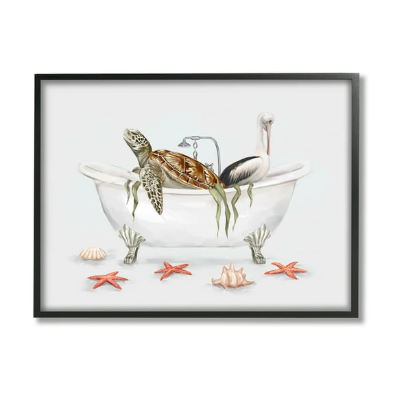 Stupell Industries Turtle & Pelican in Tub Animals & Insects Painting Black Framed Art Print Wall Art, 14 x 11