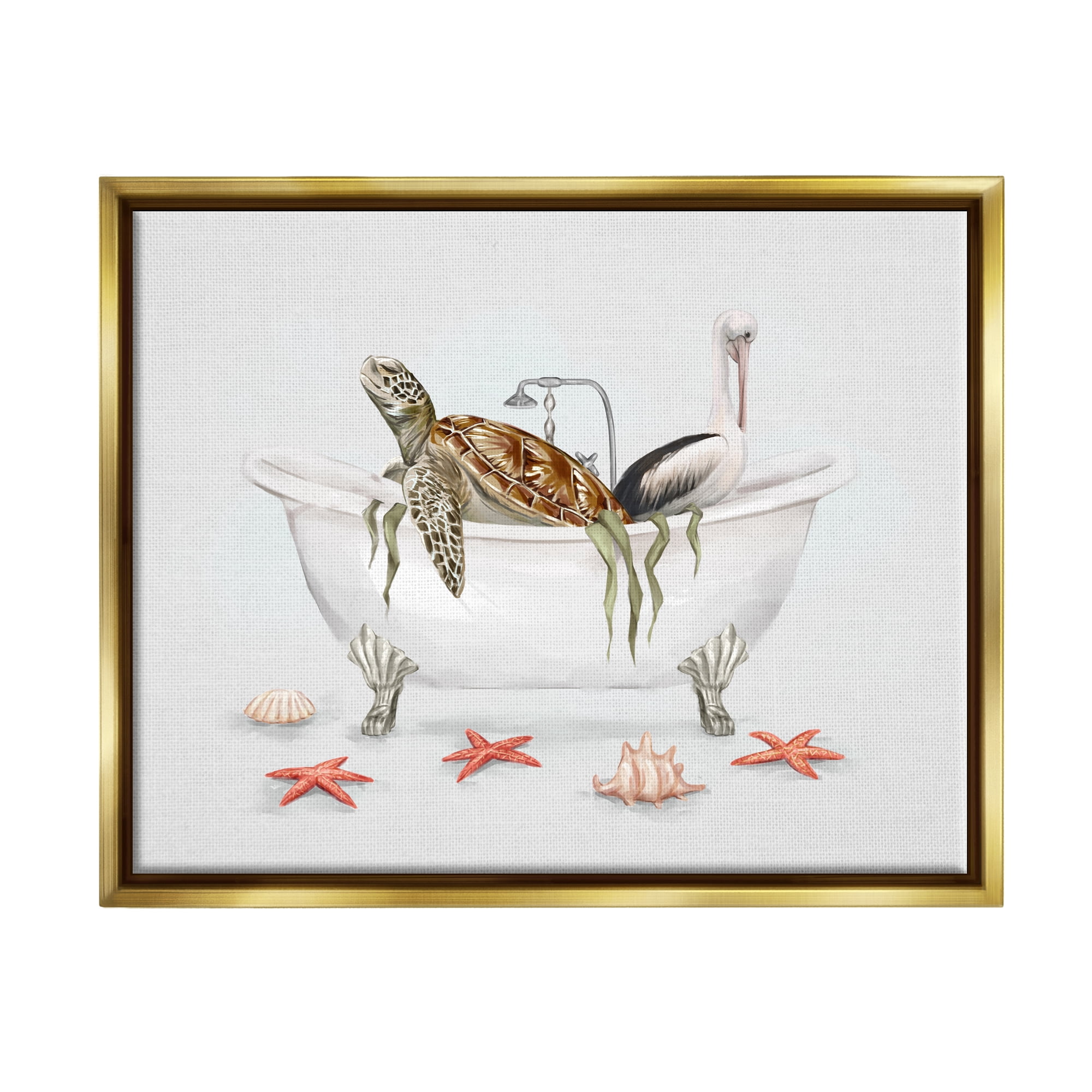 Stupell Industries Turtle & Pelican in Tub Animals & Insects Painting Gold Floater Framed Art Print Wall Art, 31 x 25