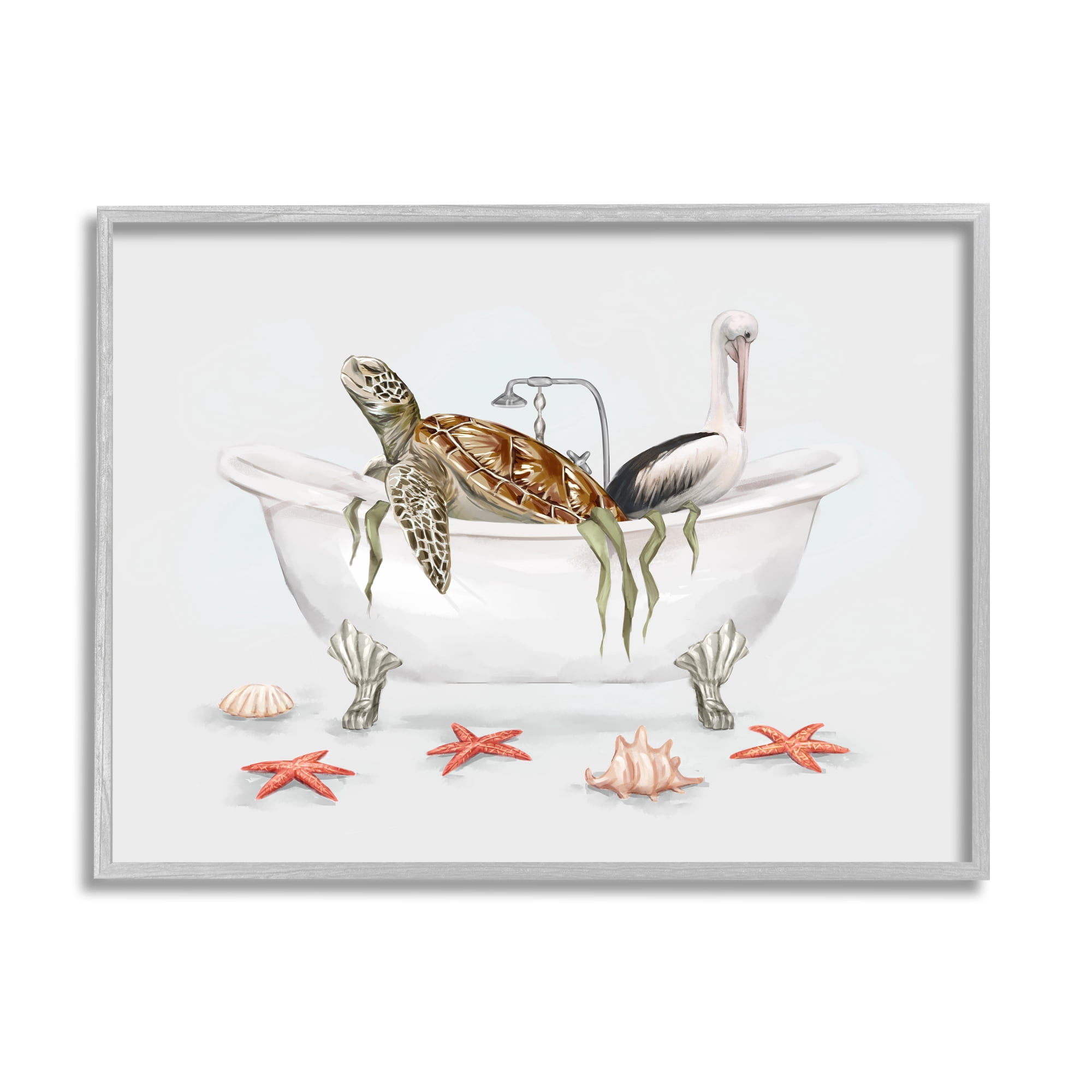 Stupell Industries Turtle & Pelican in Tub Animals & Insects Painting Gray Framed Art Print Wall Art, 30 x 24