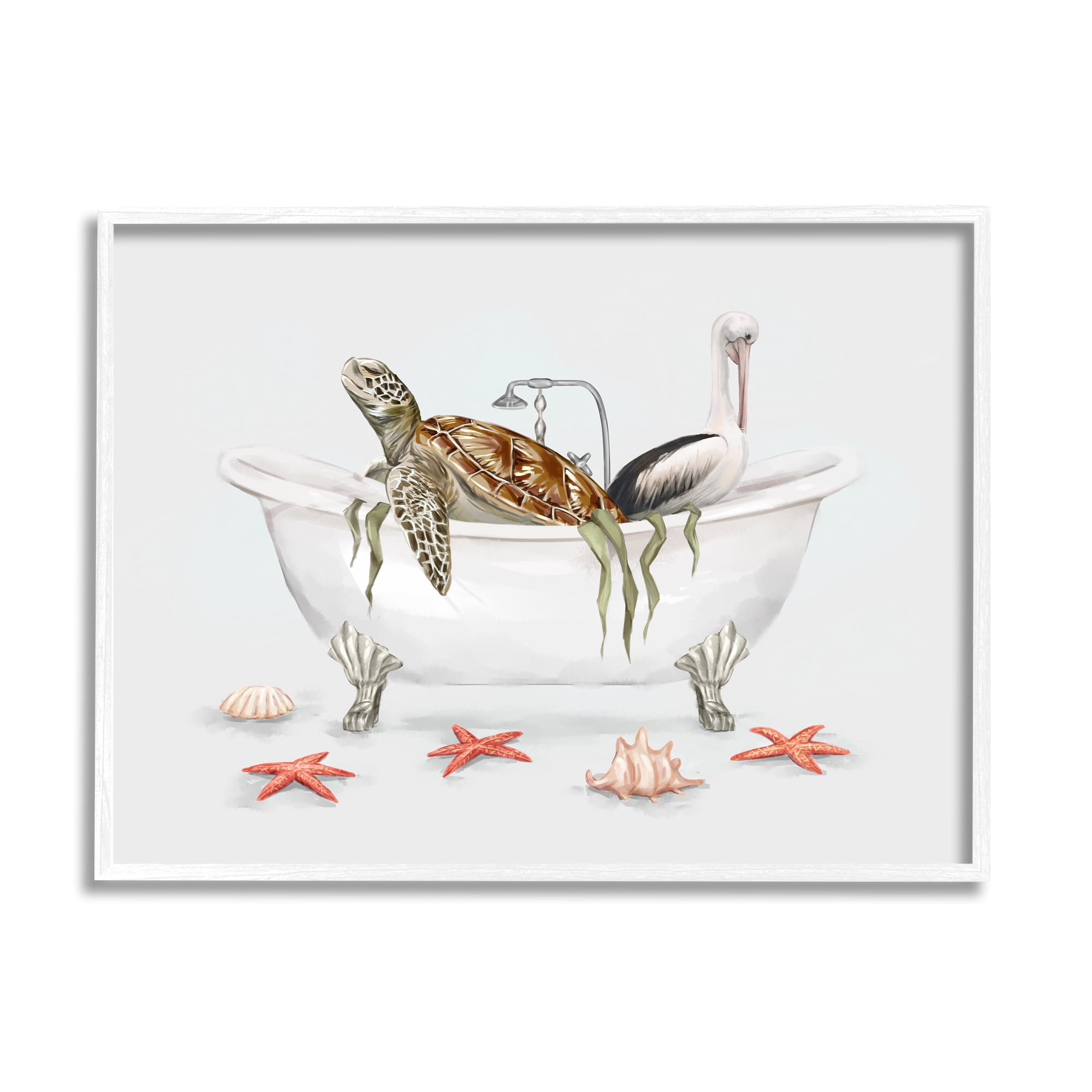 White Framed Turtle and Pelican in Tub Animal Print, 20 x 16