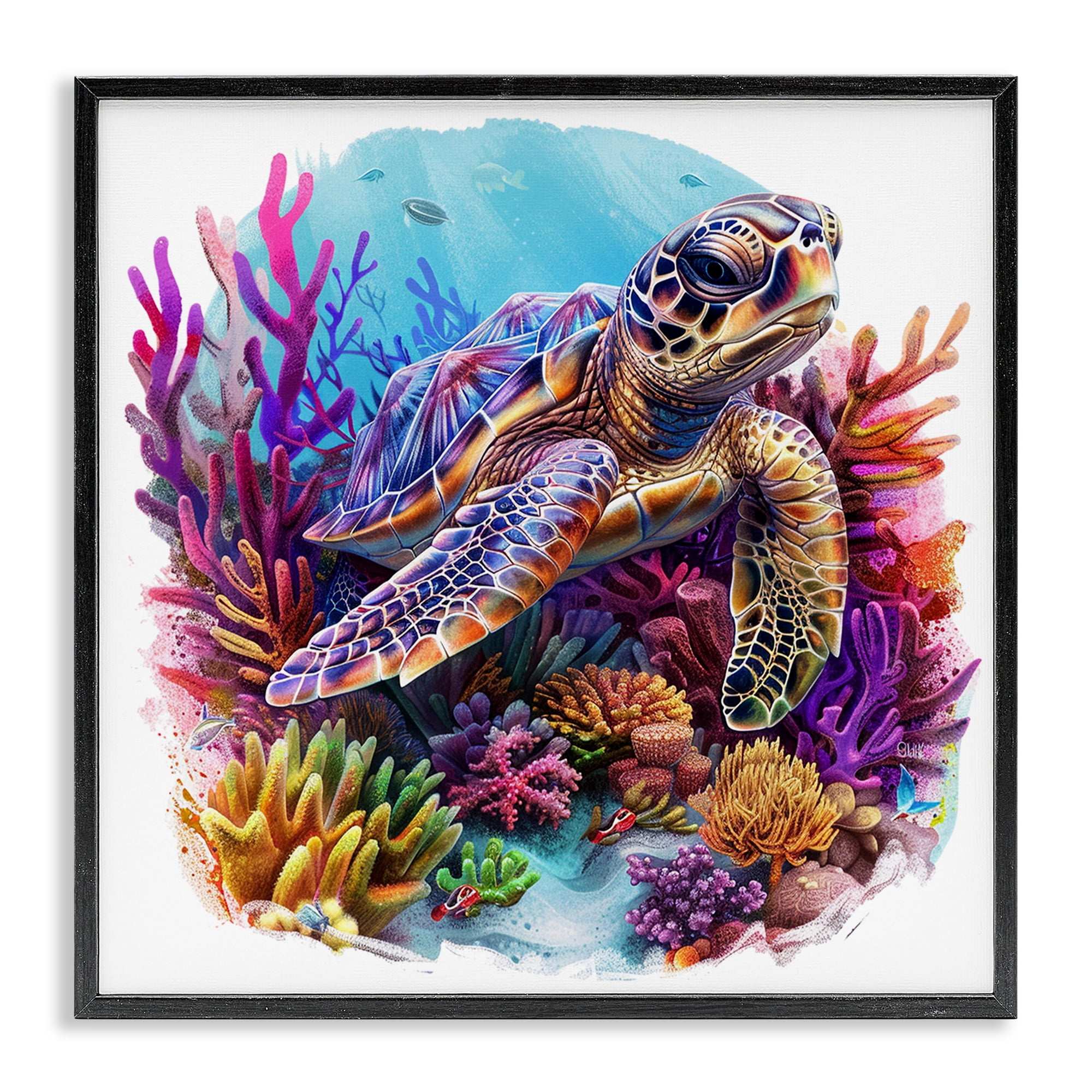 Stupell Industries Turtle & Purple Coral Animals Painting Black Framed Art Print Wall Art, 17 x 17