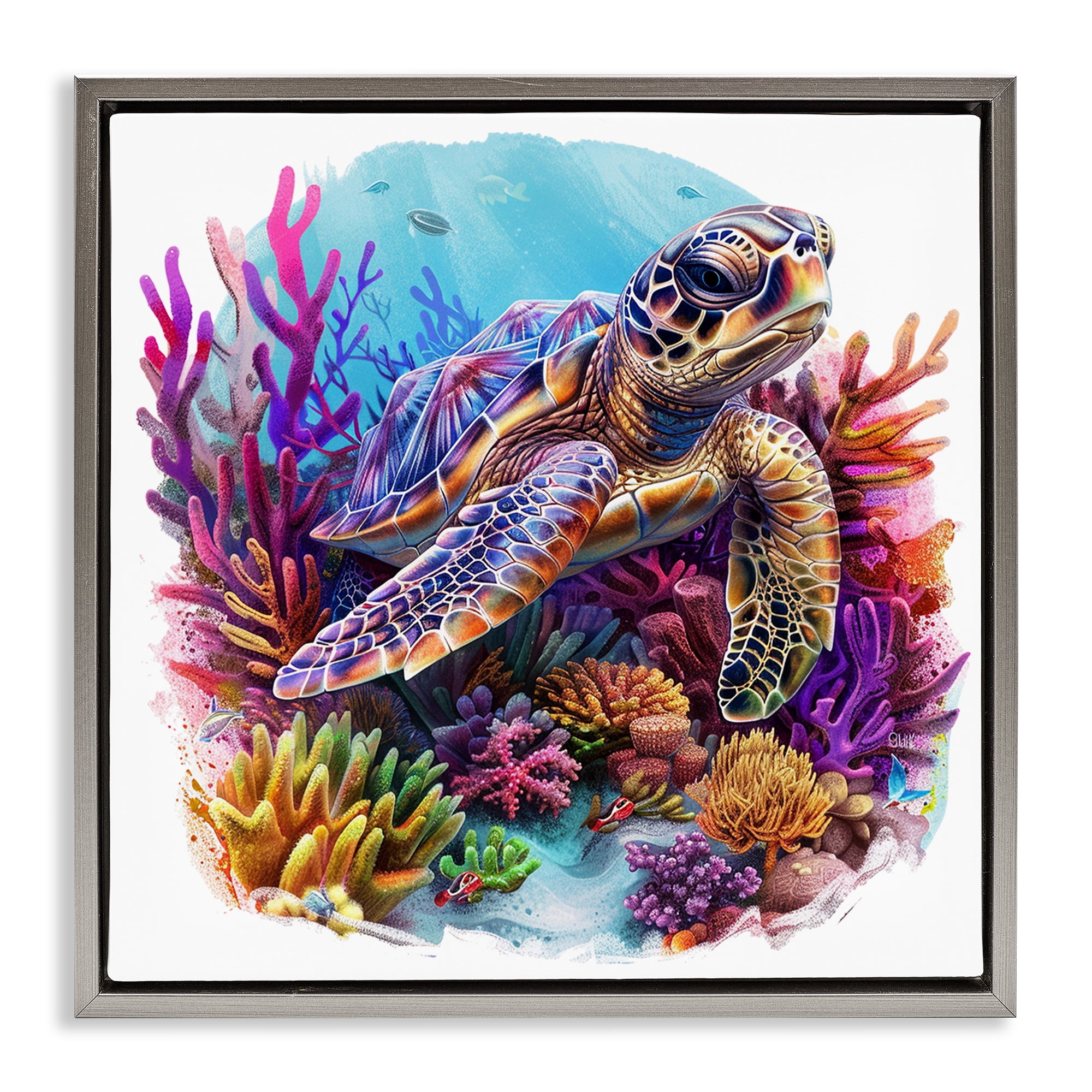 Stupell Industries Turtle & Purple Coral Animals Painting Gray Floater Framed Canvas Art Print Wall Art, 25 x 25