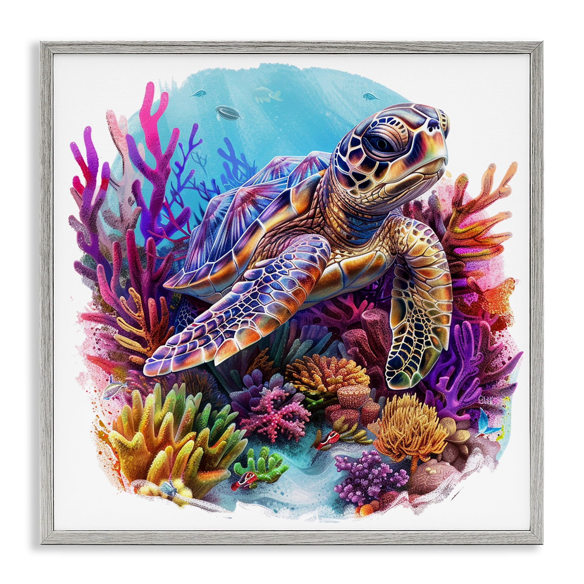 Stupell Industries Turtle & Purple Coral Animals Painting Gray Framed Art Print Wall Art, 17 x 17