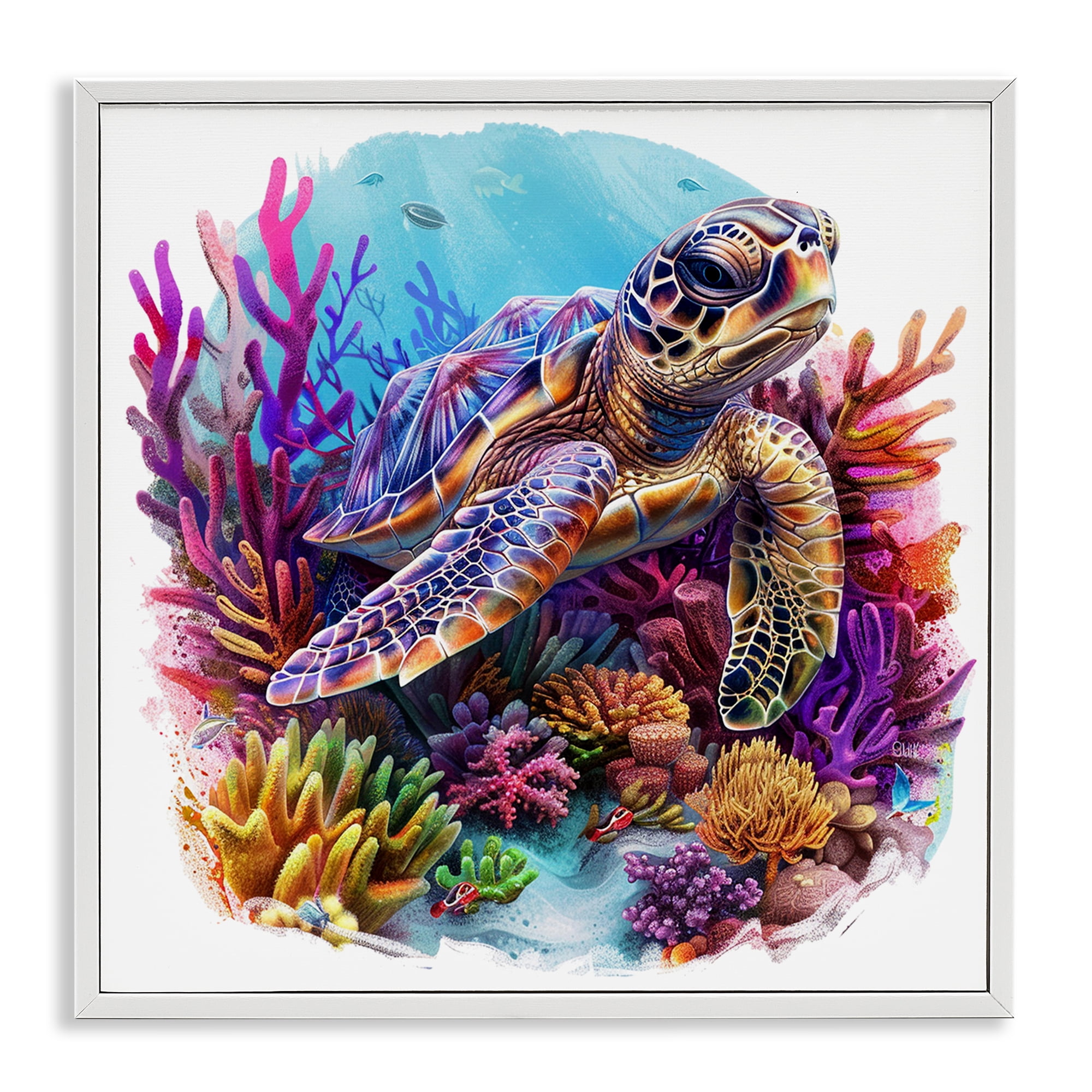 Stupell Industries Turtle & Purple Coral Animals Painting White Framed Art Print Wall Art, 12 x 12