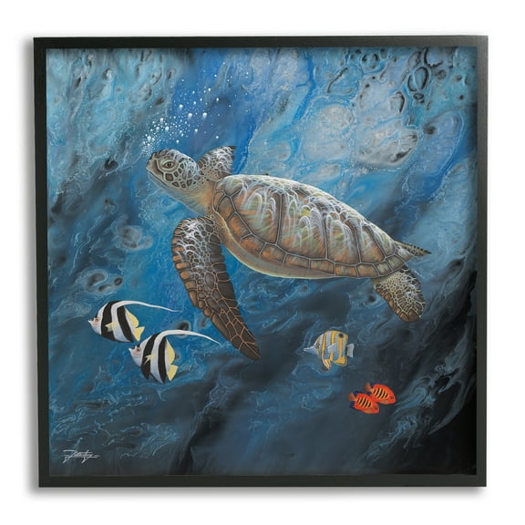 Stupell Industries Turtle Sea Life Underwater Ripples Coastal Painting Black Framed Art Print Wall Art