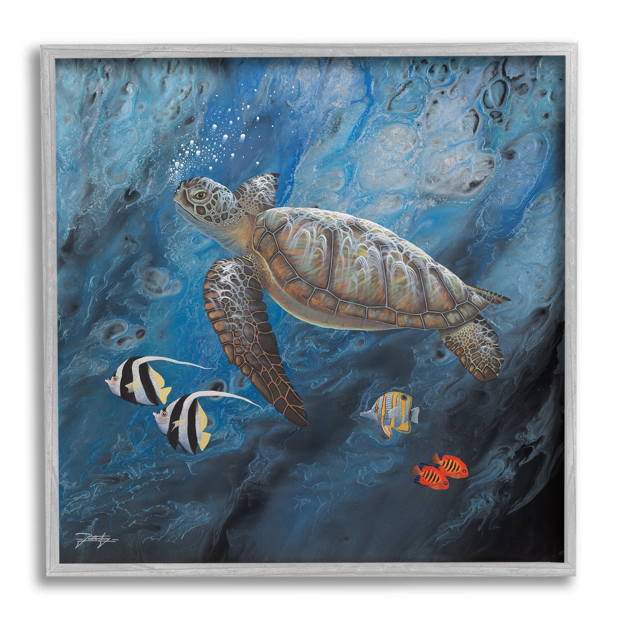 Stupell Industries Turtle Sea Life Underwater Ripples Coastal Painting Gray Framed Art Print Wall Art