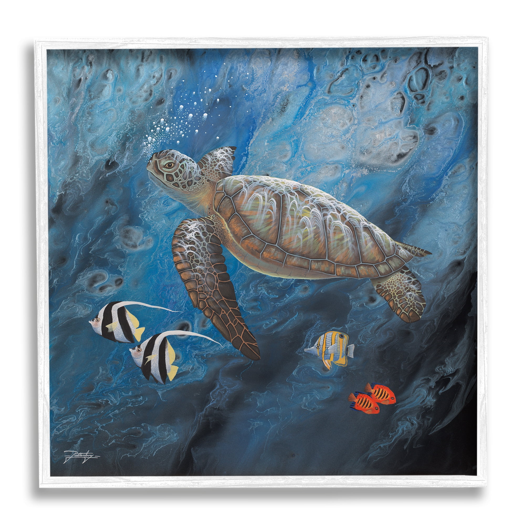 Stupell Industries Turtle Sea Life Underwater Ripples Coastal Painting White Framed Art Print Wall Art