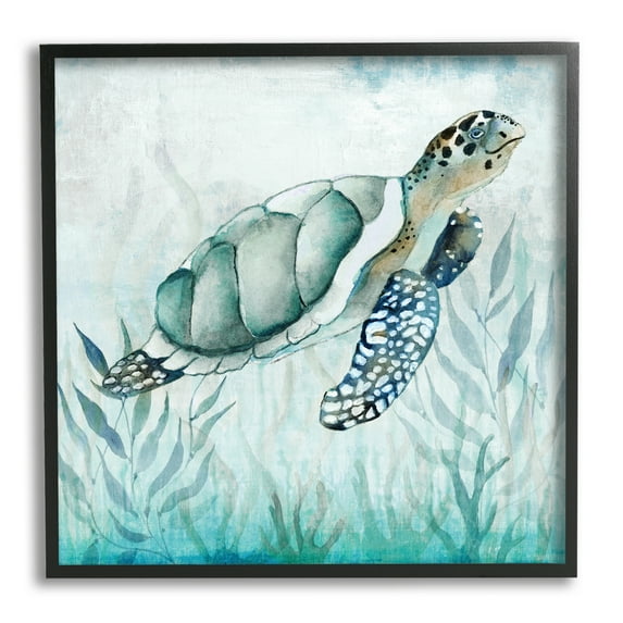 Stupell Industries Turtle & Seaweed Animals & Insects Painting Black Framed Art Print Wall Art, 17 x 17