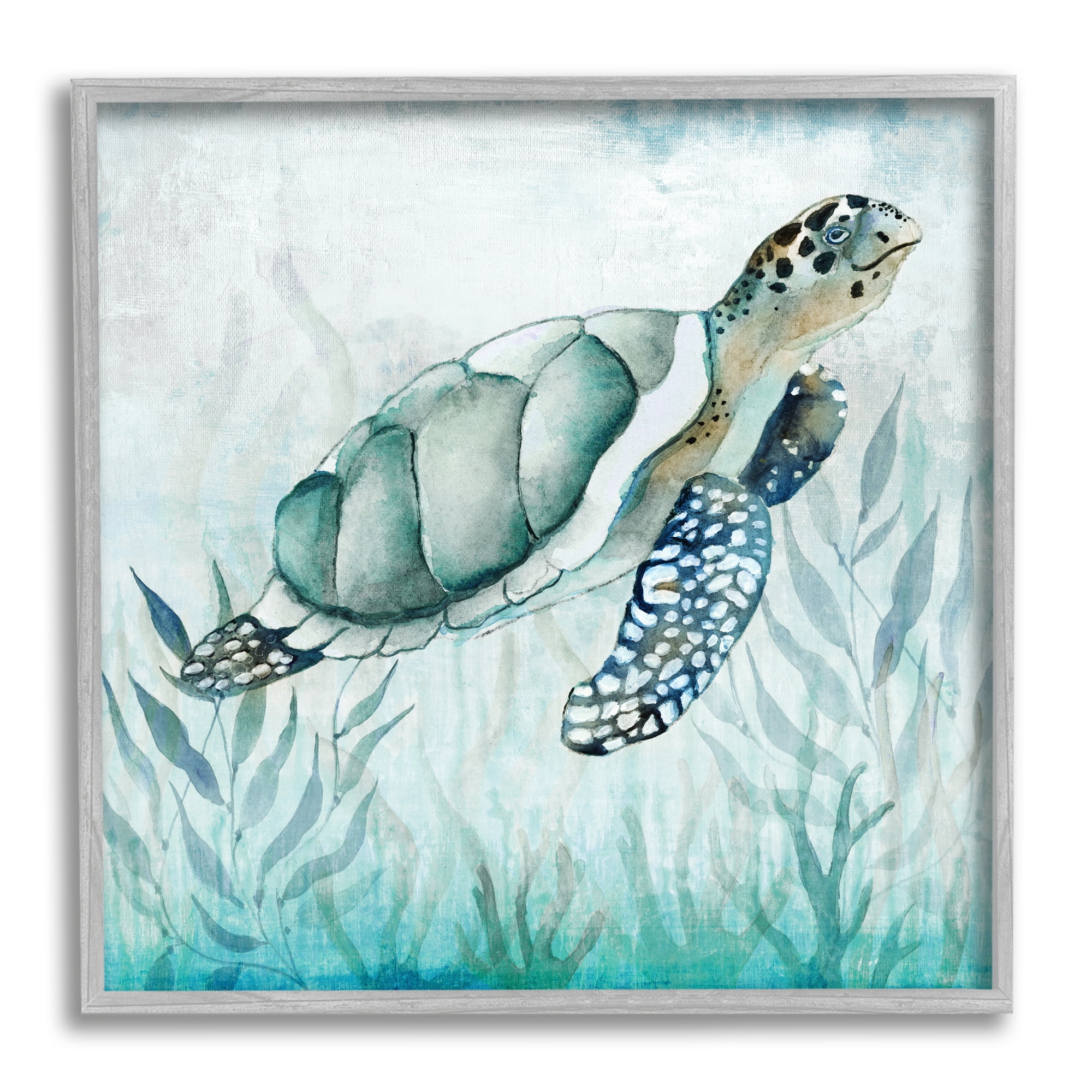 Stupell Industries Turtle & Seaweed Animals & Insects Painting Gray Framed Art Print Wall Art, 17 x 17