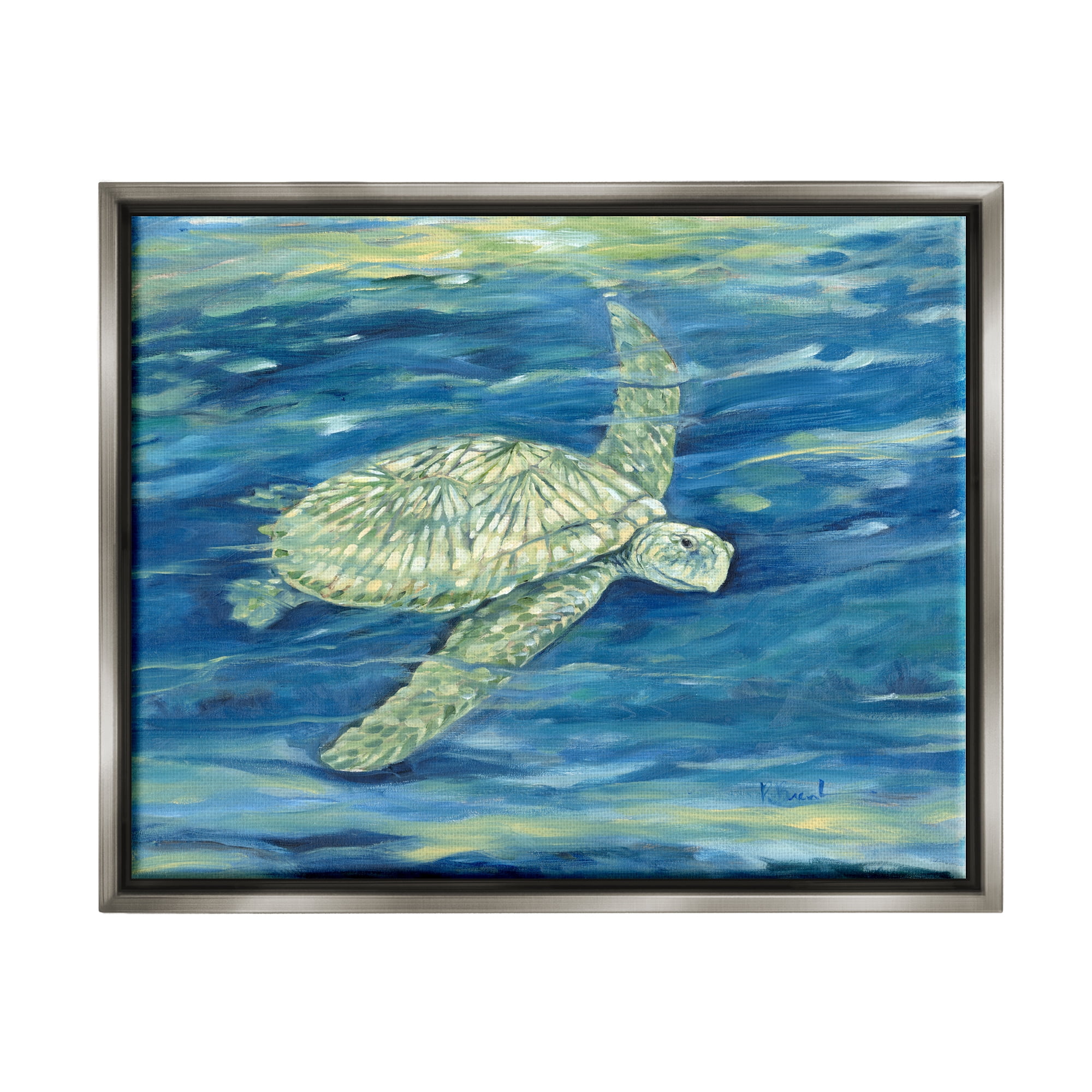 Stupell Industries Turtle Underwater Painting Animals & Insects Painting Gray Floater Framed Art Print Wall Art, 31 x 25