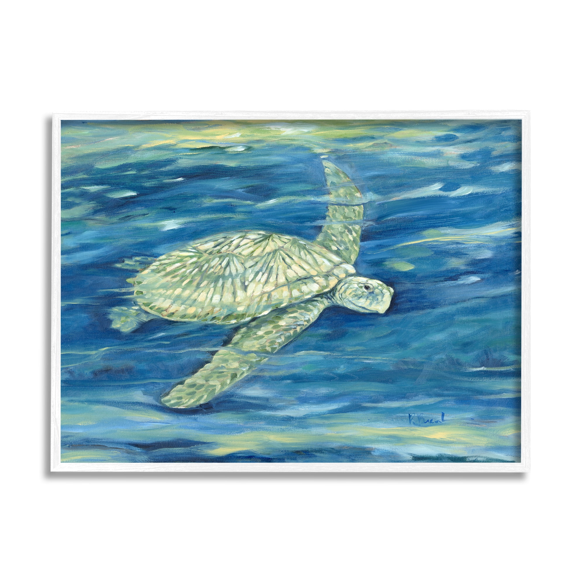 Stupell Industries Turtle Underwater Painting Animals & Insects Painting White Framed Art Print Wall Art, 14 x 11
