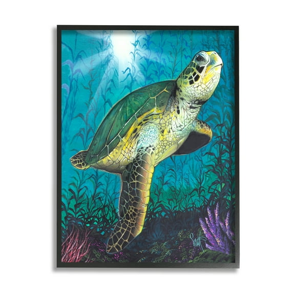 Stupell Industries Turtle Underwater Reef Animals & Insects Painting Black Framed Art Print Wall Art, 11 x 14