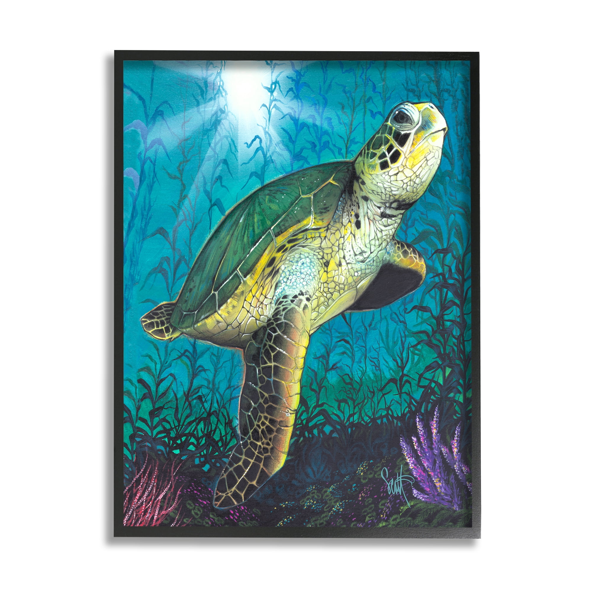 Stupell Industries Turtle Underwater Reef Animals & Insects Painting Black Framed Art Print Wall Art, 16 x 20